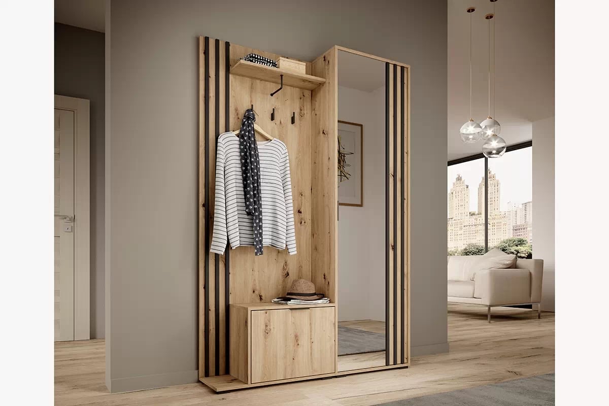 Predsieňová zostava Neria - dub artisan / čierna šatník z lamelami