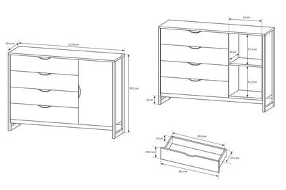 Komoda Moduzo 138 cm se 4 zásuvkami - dub sand grange / matera jednodveřová Komoda Moduzo z 4 zásuvkami 138 cm  - Dub sand grange/matera