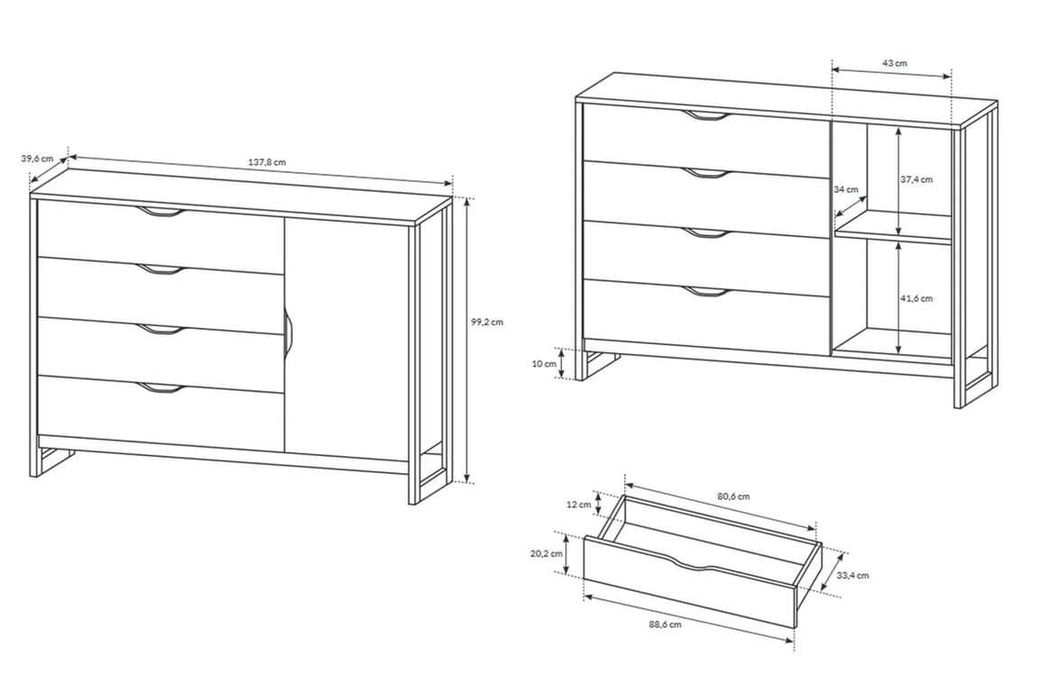 Komoda Moduzo 138 cm se 4 zásuvkami - dub sand grange / matera jednodveřová Komoda Moduzo z 4 zásuvkami 138 cm  - Dub sand grange/matera