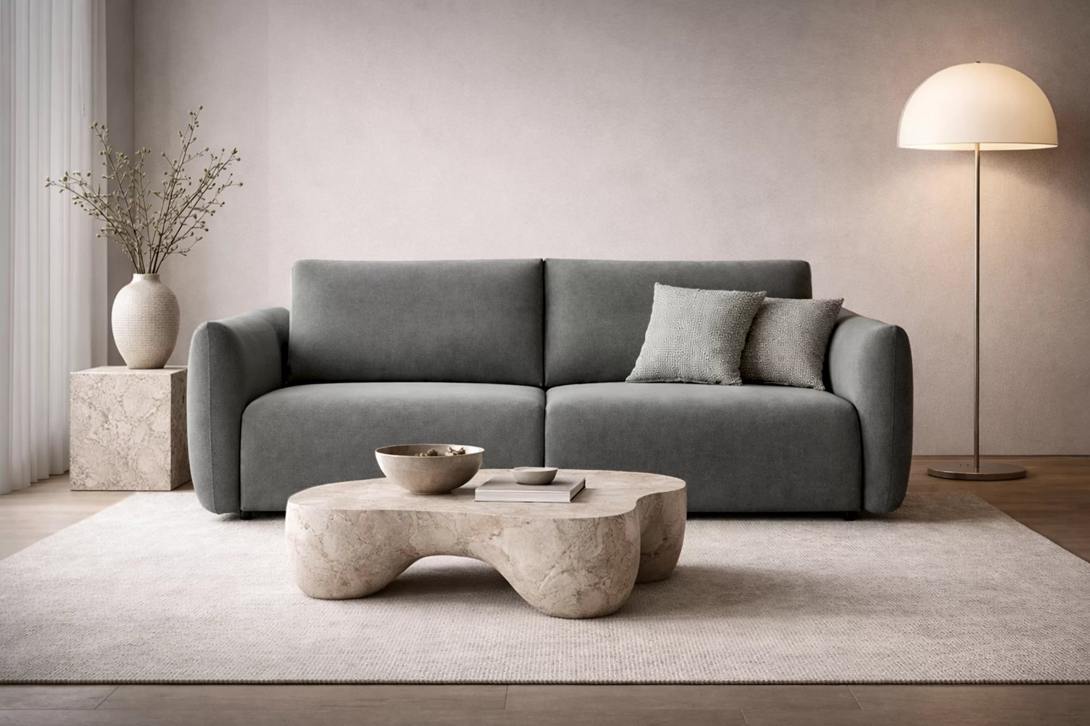 Rozkladacia pohovka Calma - sivá hydrofóbna pletenina Curio 93 Pohovka Calma rozkladana - šedá dzianina hydrofobowa Curio 93