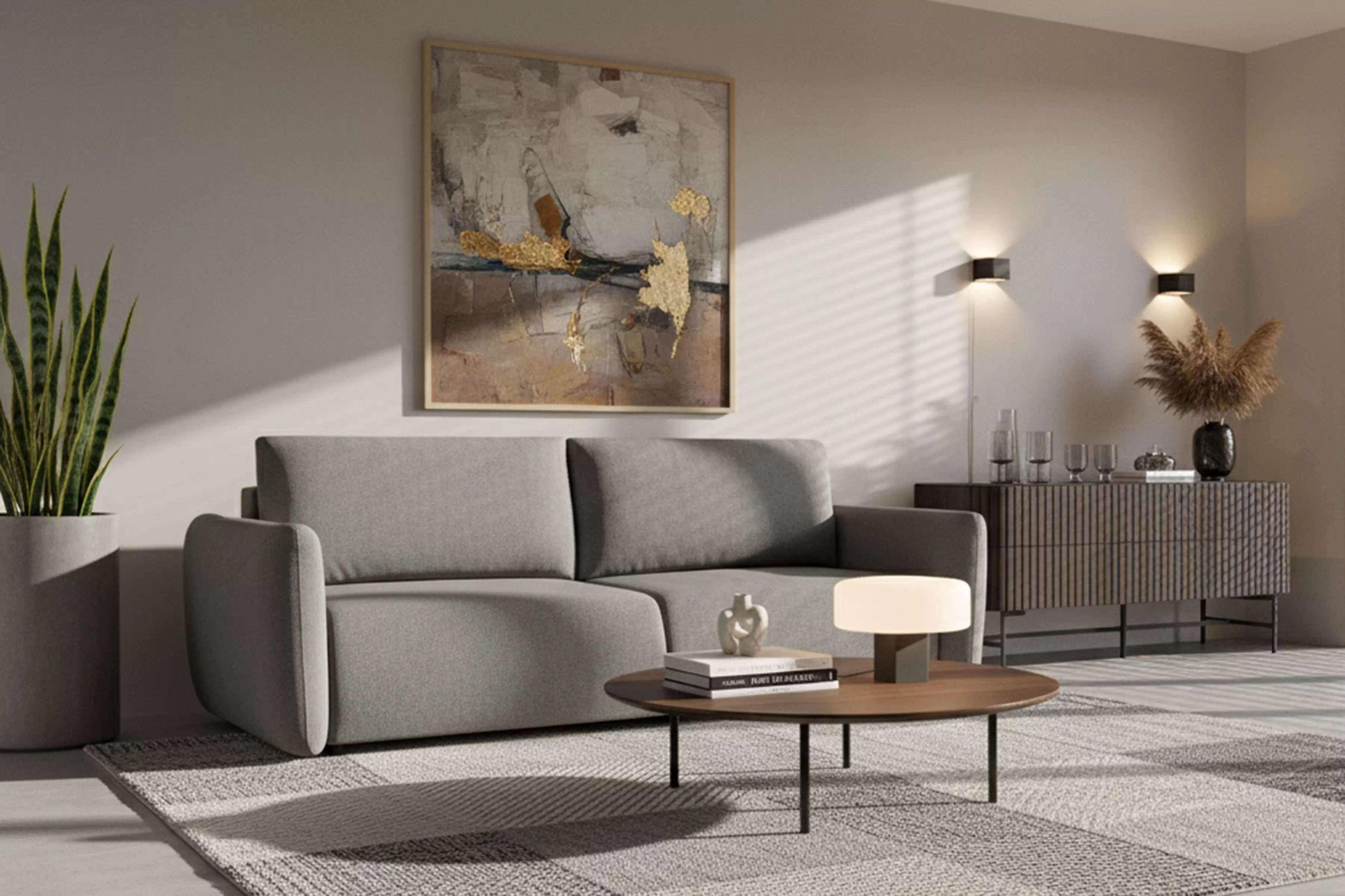 Rozkladacia pohovka Calma - sivá hydrofóbna pletenina Curio 93 Pohovka Calma rozkladana - šedá dzianina hydrofobowa Curio 93