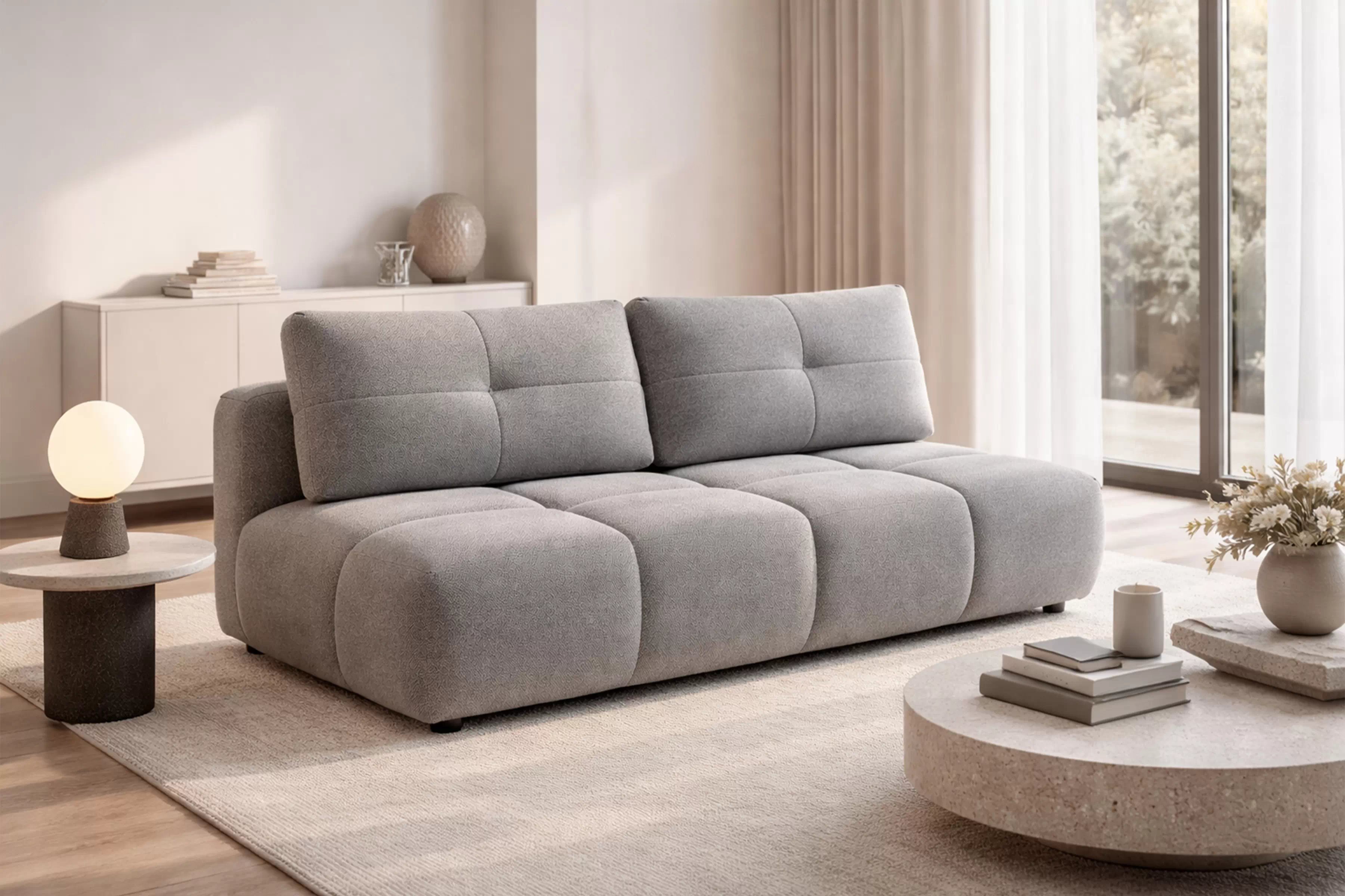 Rozkladacia pohovka Lerio - svetlosivá hydrofóbna pletenina Blur 18 Pohovka Lerio s funkciou spánku - jasno šedá dzianina hydrofobowa Blur 18