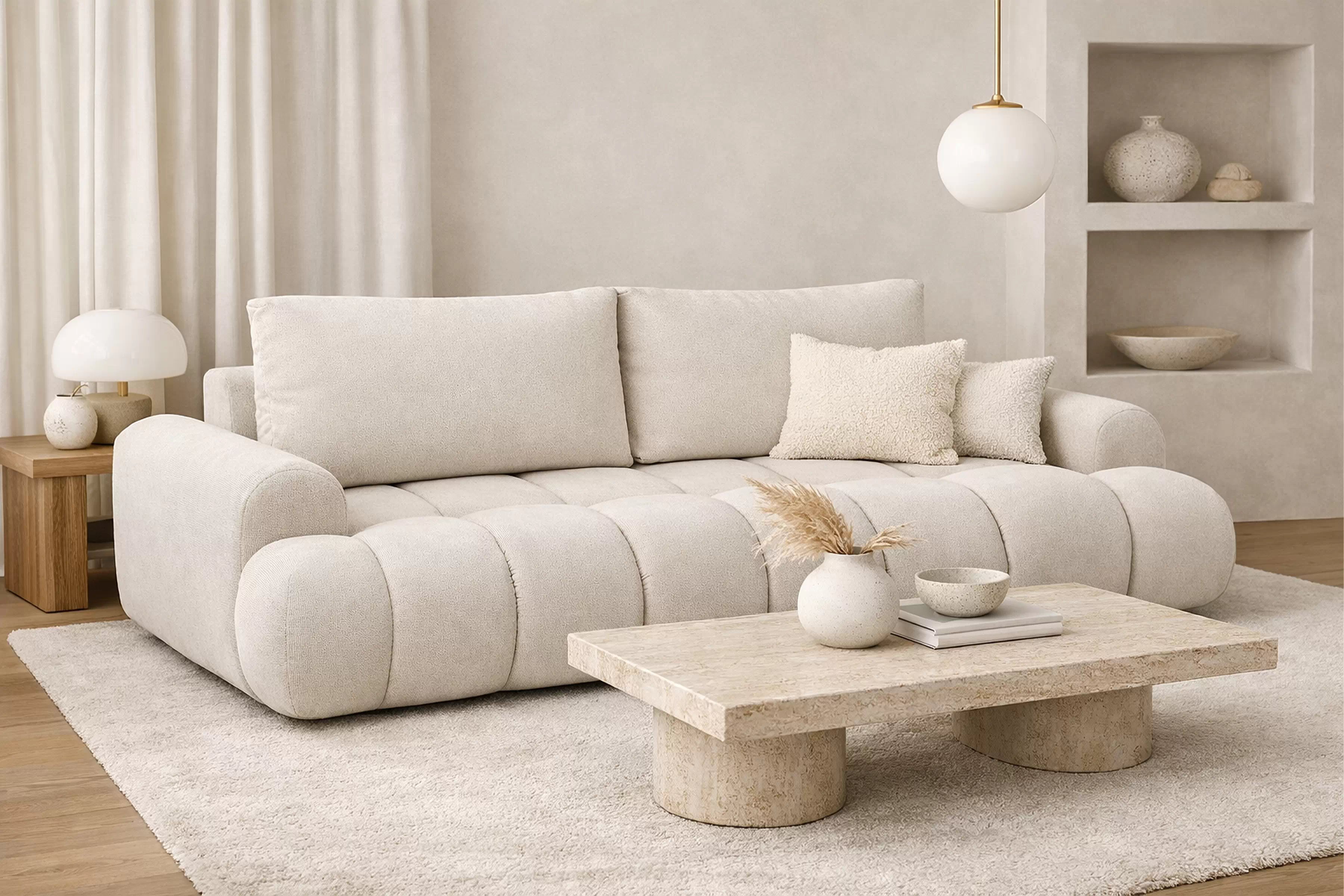 Rozkladacia pohovka Lutario - béžová hydrofóbna pletenina Venice 2026 Pohovka Lutario s funkciou spánku - Béžová plecionka hydrofobowa Venice 2026