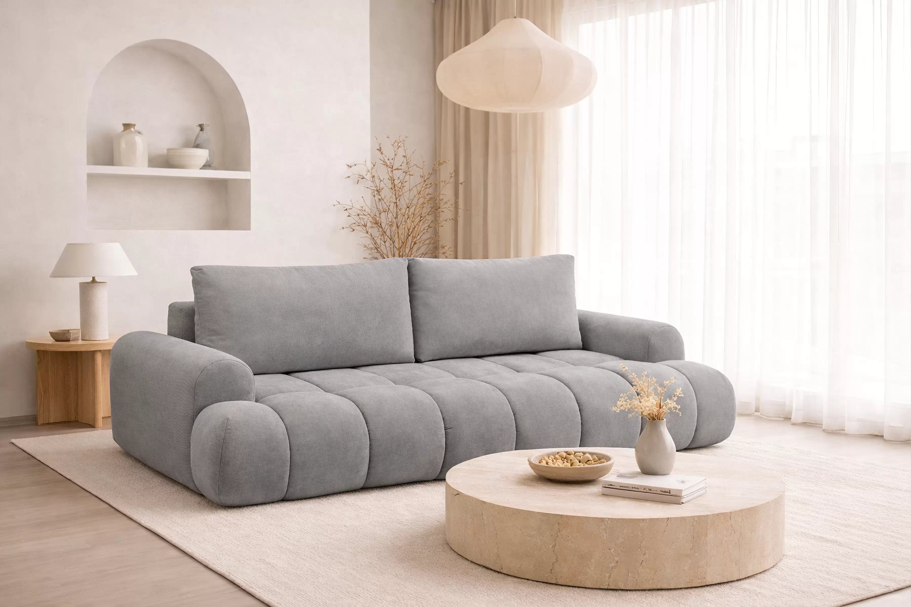 Rozkladacia pohovka Lutario - sivá hydrofóbna pletenina Venice 2023 Pohovka Lutario s funkciou spánku - šedá plecionka hydrofobowa Venice 2023