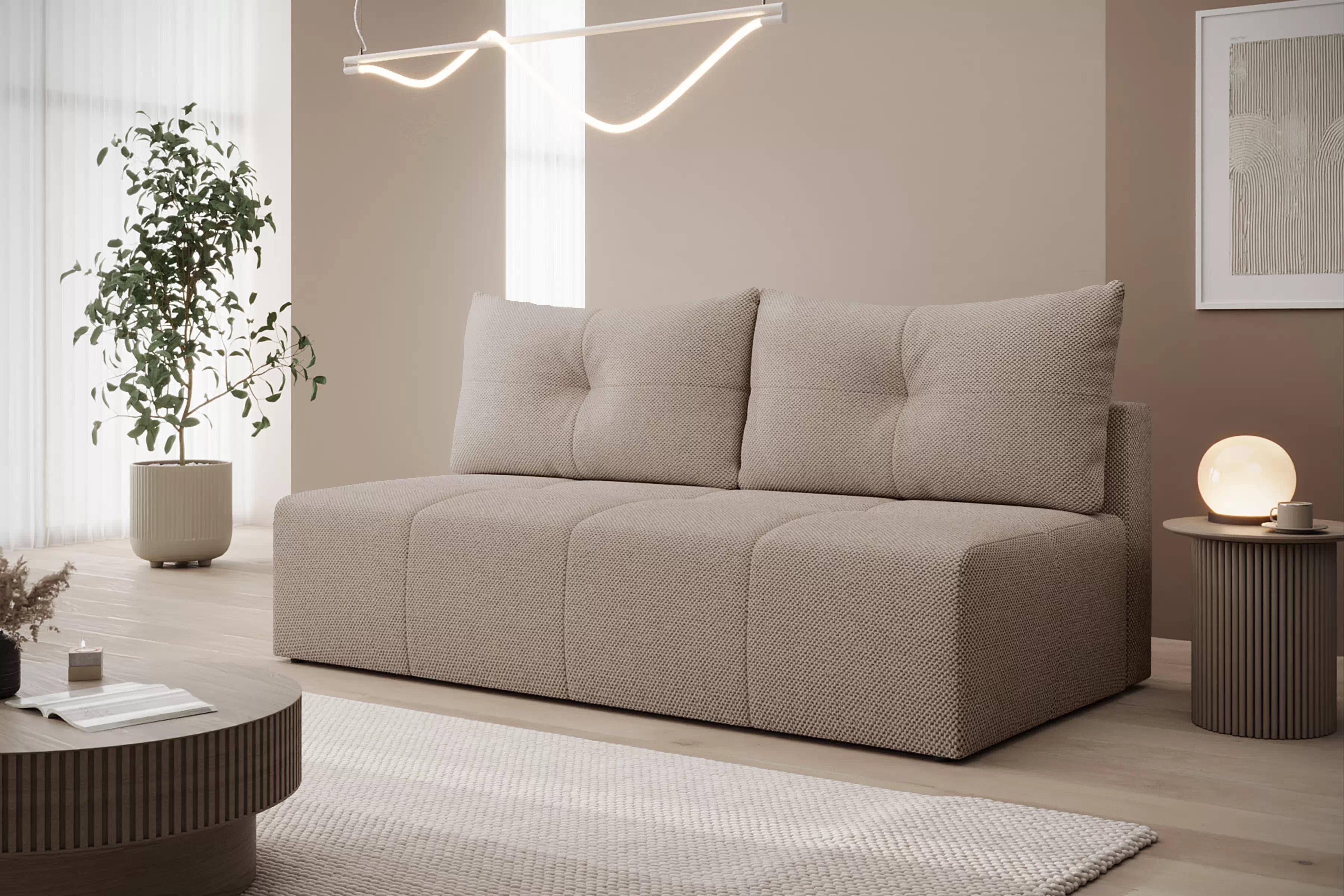 Rozkládací pohovka Natario s úložným prostorem - tmavě béžová látka Wind 11 Pohovka Natario rozkladana s úložným prostorem- tmavý béžová šenil Wind 11