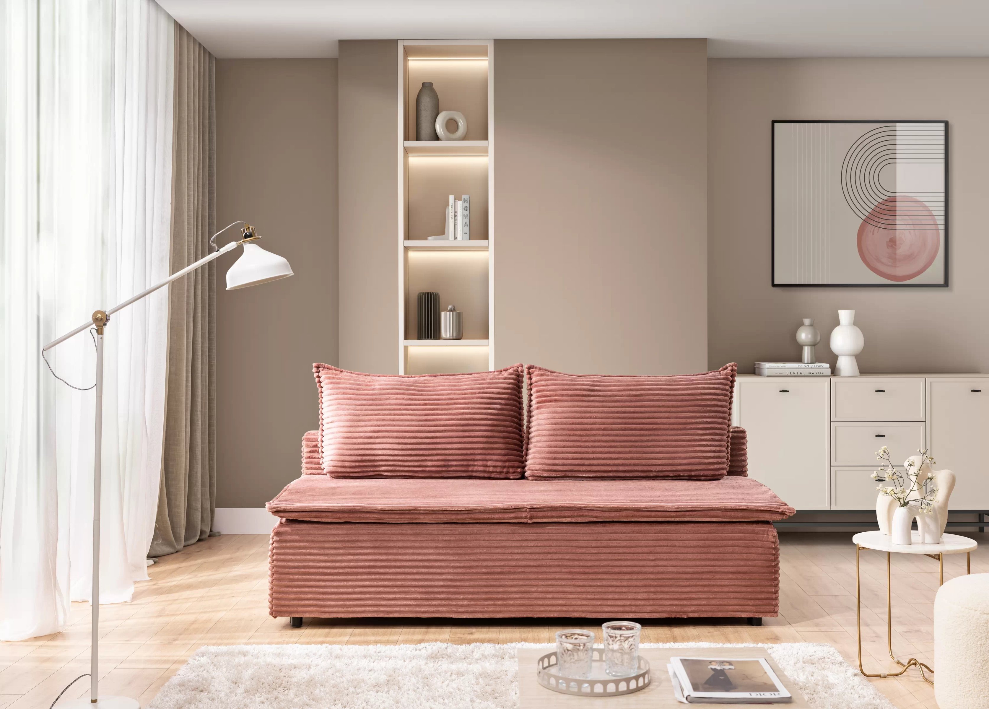 Rozkladacia pohovka Firioza – ružový plyš Tilia 62 Pohovka rozkladana Firioza S vnútorným úložným priestorom- Ružová plusz Tilia 62