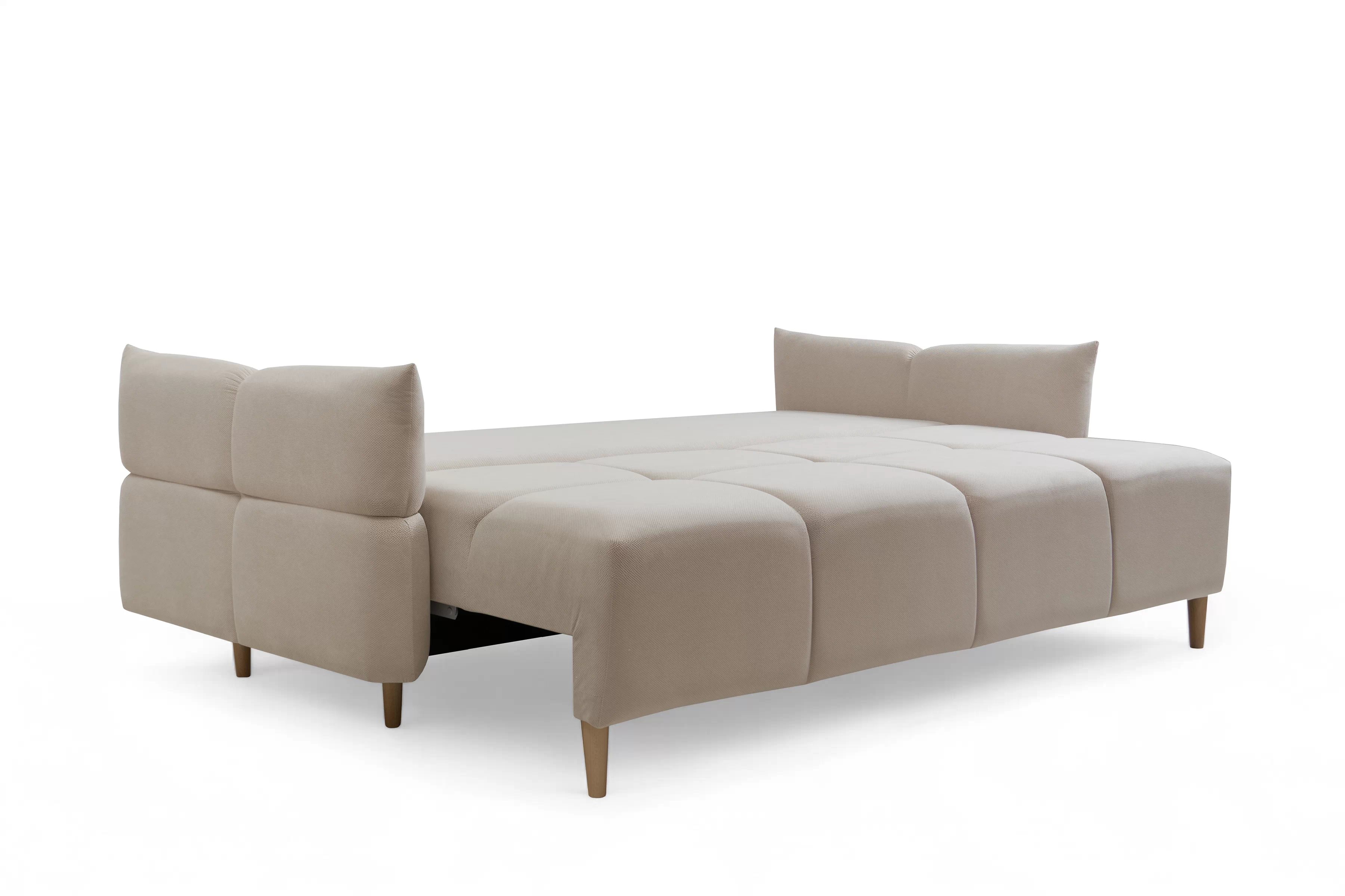 Rozkládací pohovka Fitelia s úložným prostorem - světle béžový samet Pretty 03 / nožky buk Pohovka rozkladana Fitelia s úložným prostorem- světlý béžová plusz Pretty 03 / buk 