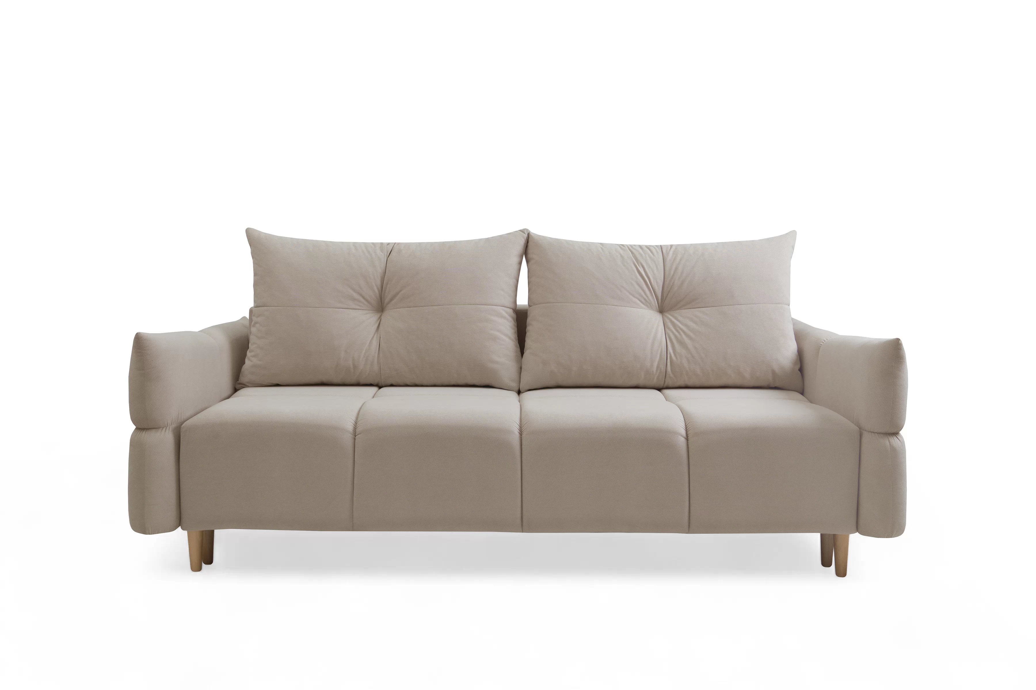 Rozkládací pohovka Fitelia s úložným prostorem - světle béžový samet Pretty 03 / nožky buk Pohovka rozkladana Fitelia s úložným prostorem- světlý béžová plusz Pretty 03 / buk 