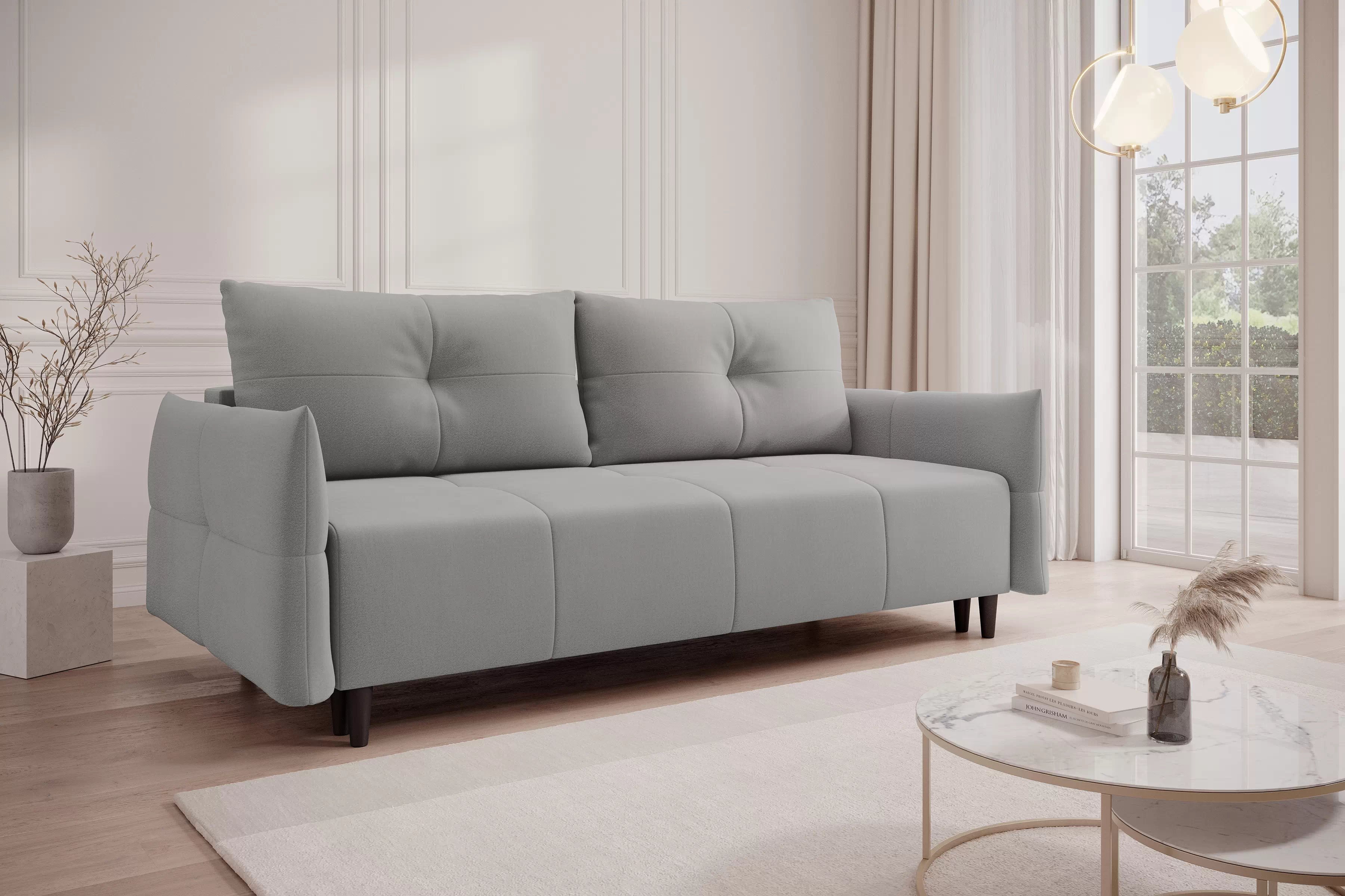 Rozkládací pohovka Fitelia s úložným prostorem - světle šedý samet Pretty 16 / nožky buk Pohovka rozkladana Fitelia s úložným prostorem- popelavá plusz Pretty 16 / buk 