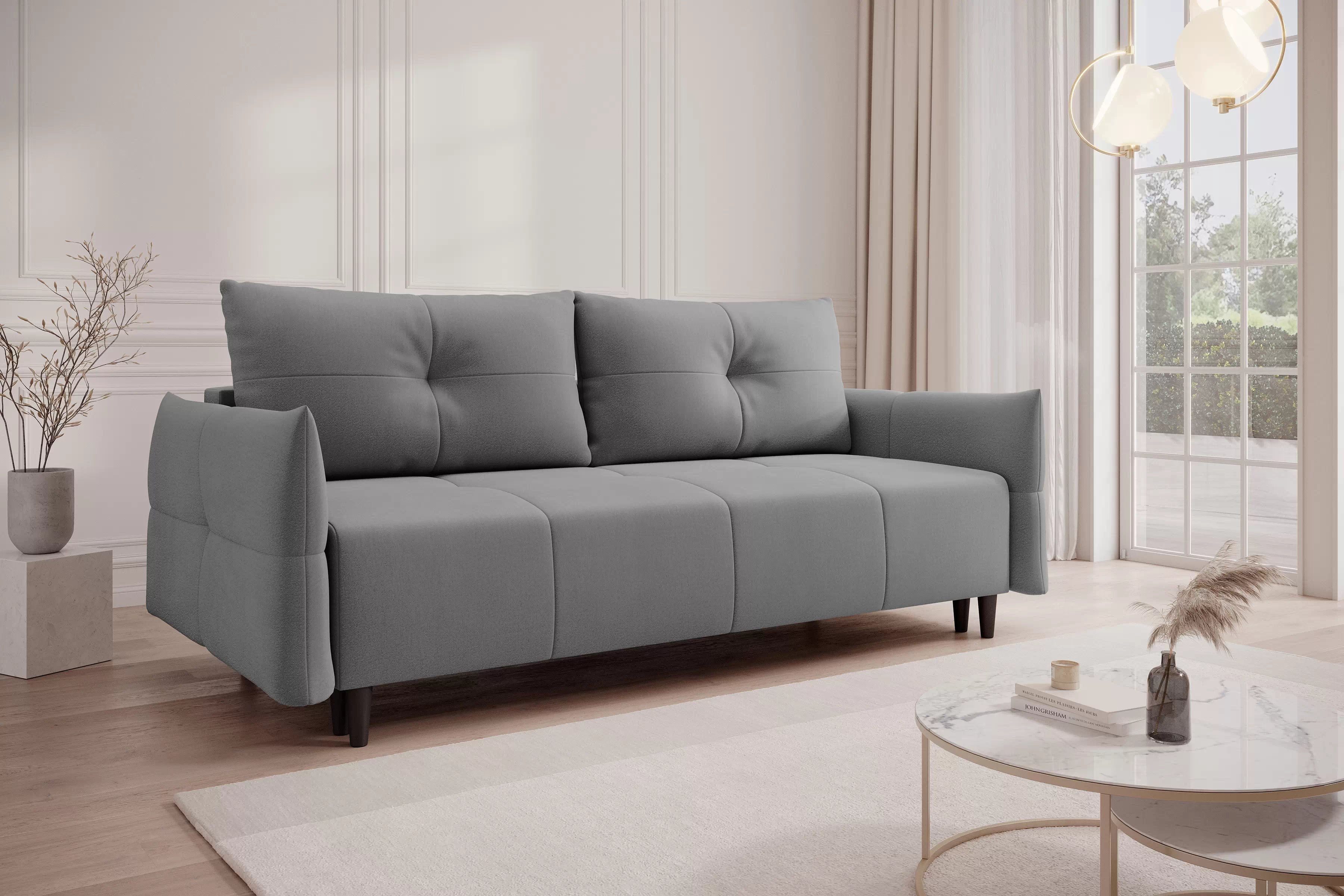 Rozkládací pohovka Fitelia s úložným prostorem - šedý samet Pretty 17 / nožky buk Pohovka rozkladana Fitelia s úložným prostorem- šedá plusz Pretty 17 / buk 