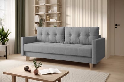 Trojmiestna rozkladacia pohovka Romano – sivá pletená látka Gemma 86 / bukové nožičky Pohovka rozkladana trojmiestna Romano - šedá plecionka Gemma 86 / buk