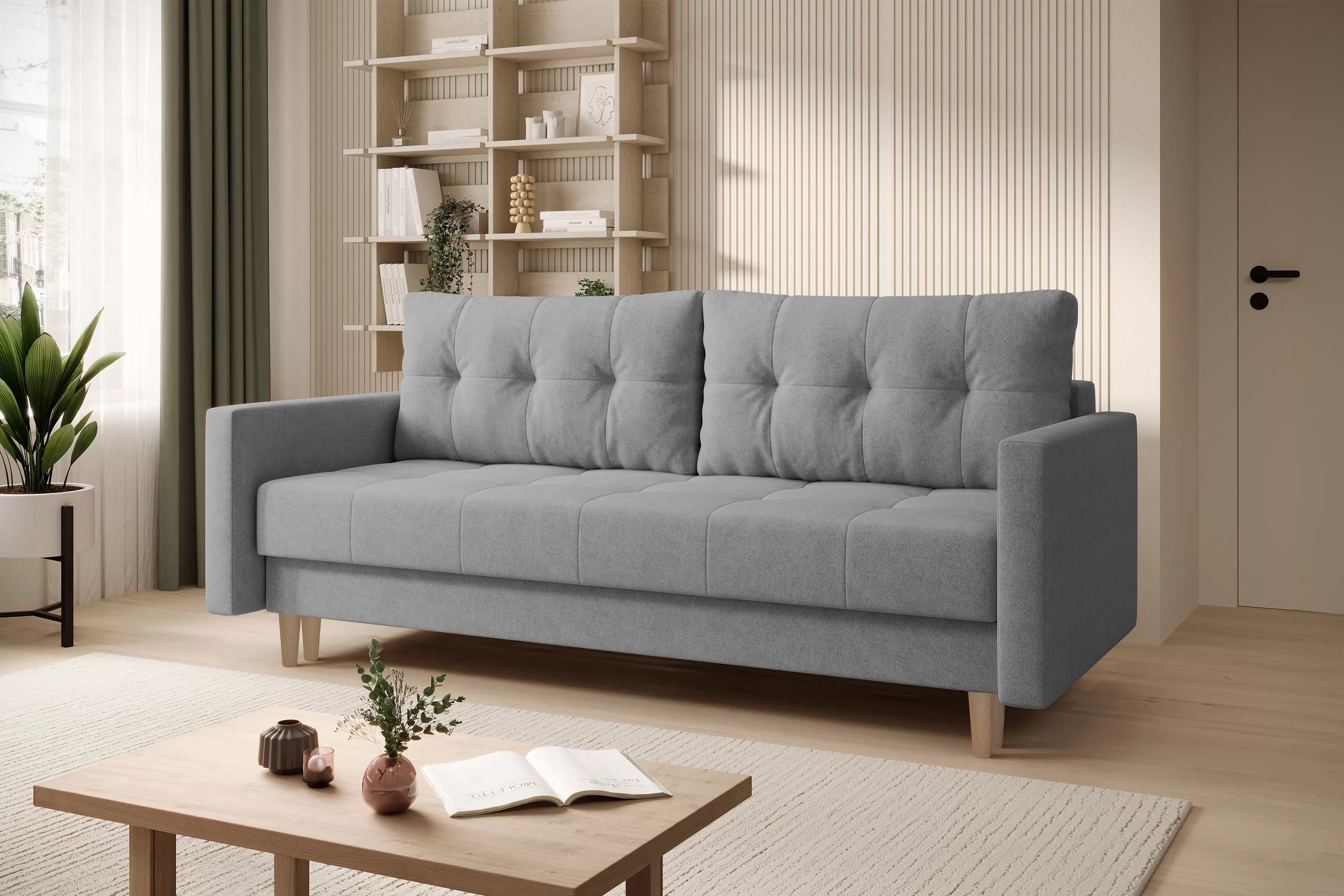 Trojmiestna rozkladacia pohovka Romano – sivá pletená látka Gemma 86 / bukové nožičky Pohovka rozkladana trojmiestna Romano - šedá plecionka Gemma 86 / buk