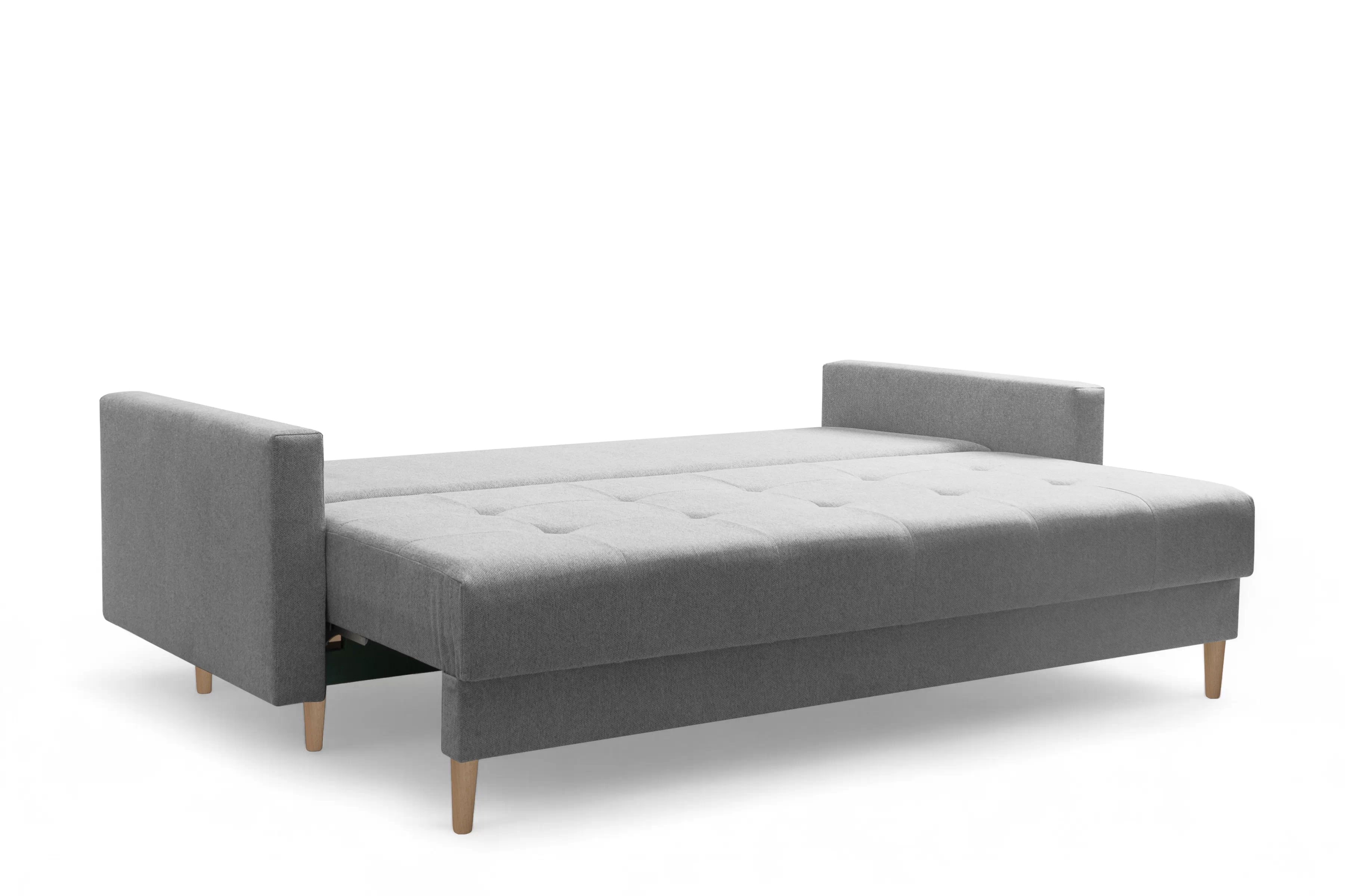 Trojmiestna rozkladacia pohovka Romano – sivá pletená látka Gemma 86 / bukové nožičky Pohovka rozkladana trojmiestna Romano - šedá plecionka Gemma 86 / buk