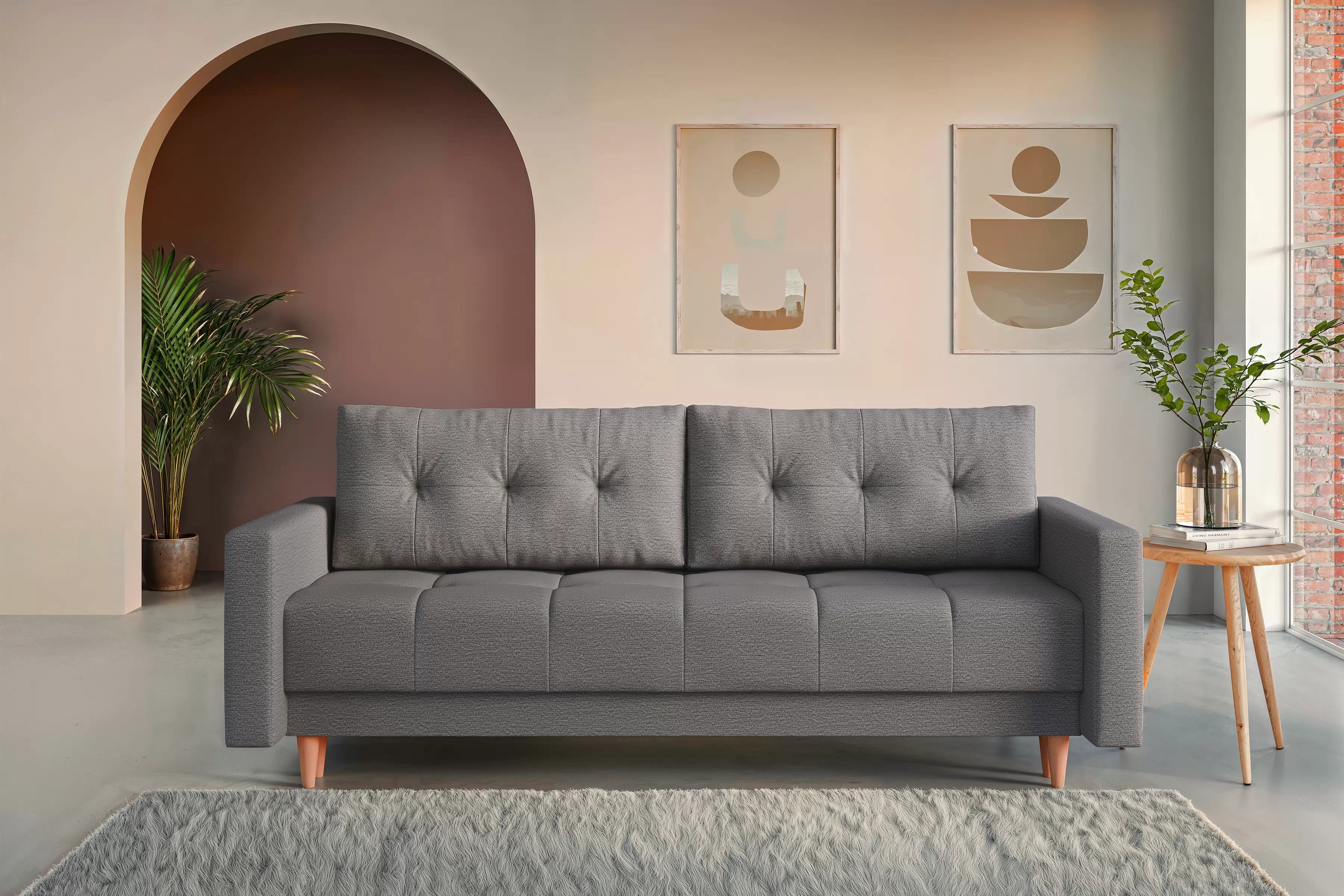 Trojmiestna rozkladacia pohovka Romano – sivá pletená látka Gemma 86 / bukové nožičky Pohovka rozkladana trojmiestna Romano - šedá plecionka Gemma 86 / buk