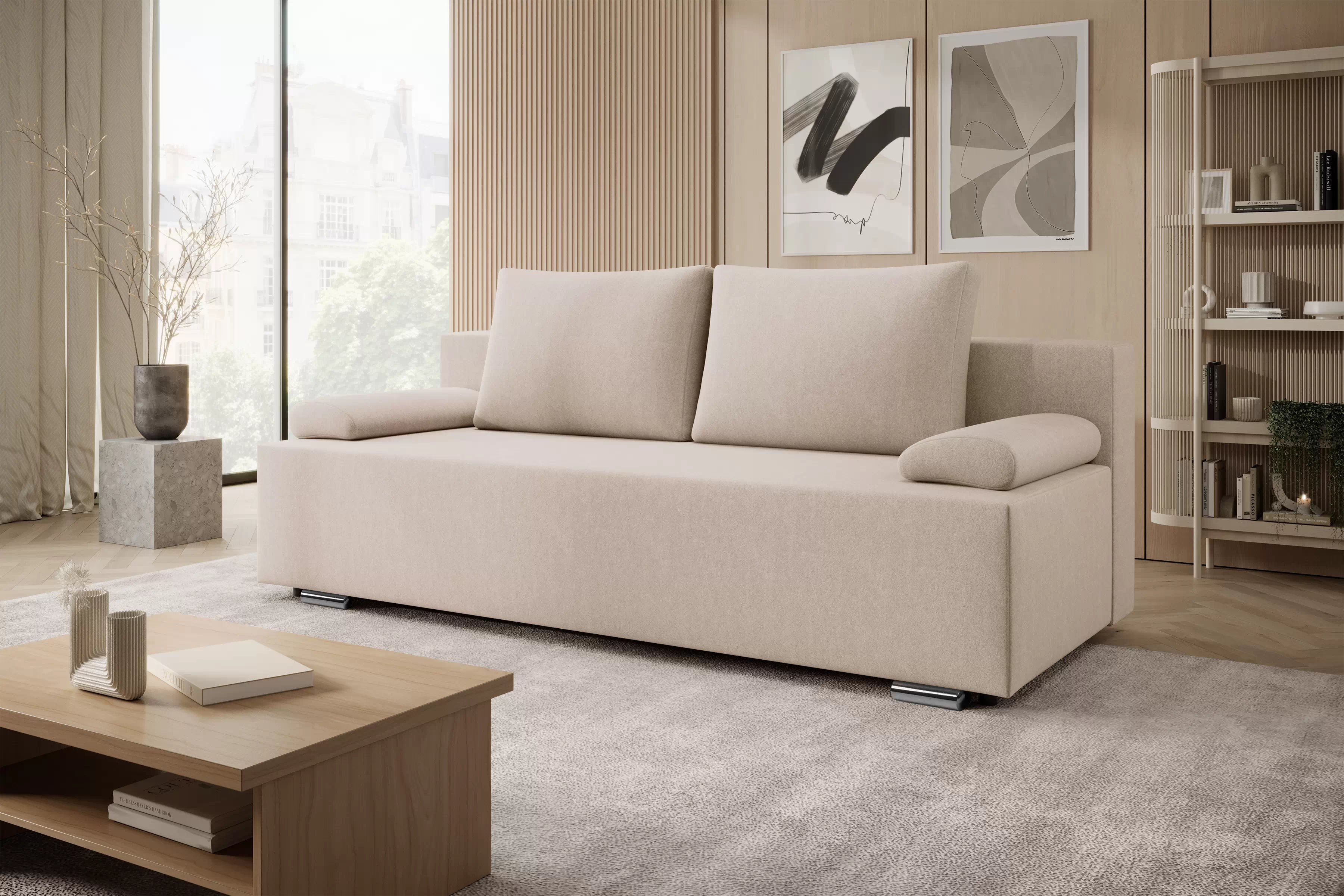 Rozkládací pohovka Morena s úložným prostorem - béžový hydrofobní samet Pretty 03 Pohovka rozkladana s úložným prostorem Morena - béžová plusz hydrofobní  Pretty 03