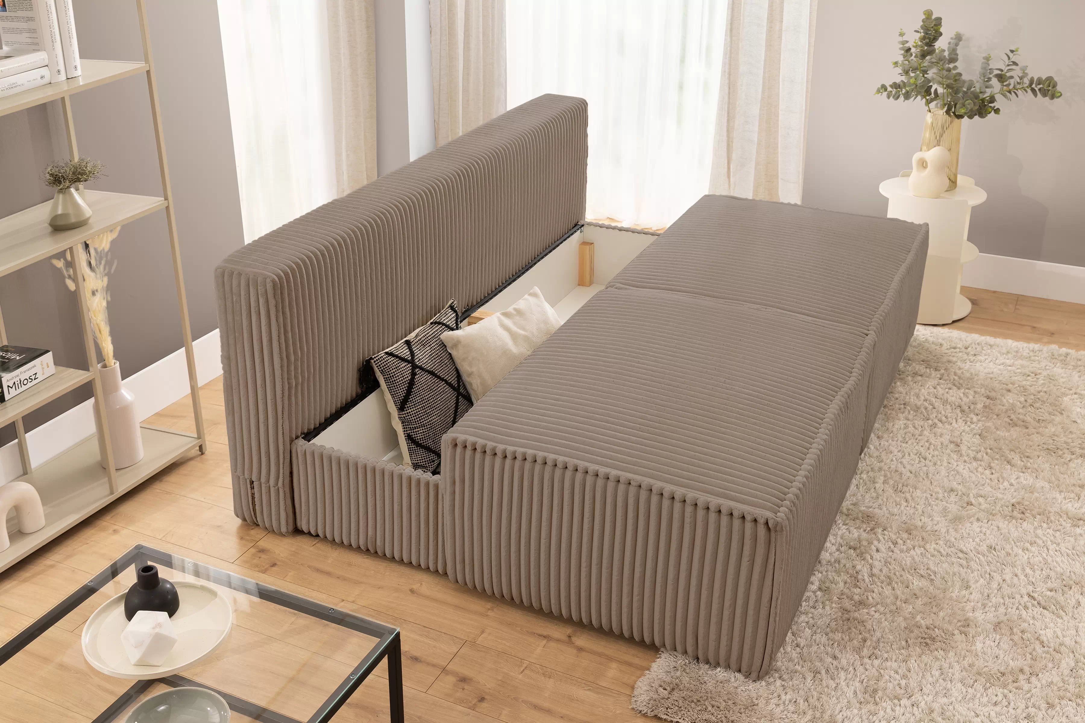 Rozkládací pohovka Solvero - tmavě béžový plyš Tilia 17 Pohovka Solvero rozkládací - tmavý béžová plusz Tilia 17