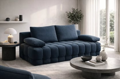 Rozkladacia pohovka Tuko s úložným priestorom – tmavomodrá pletenina Freya 210-28 Pohovka Tuko rozkladana S vnútorným úložným priestorom- námornícka modrá dzianina Freya 210-28