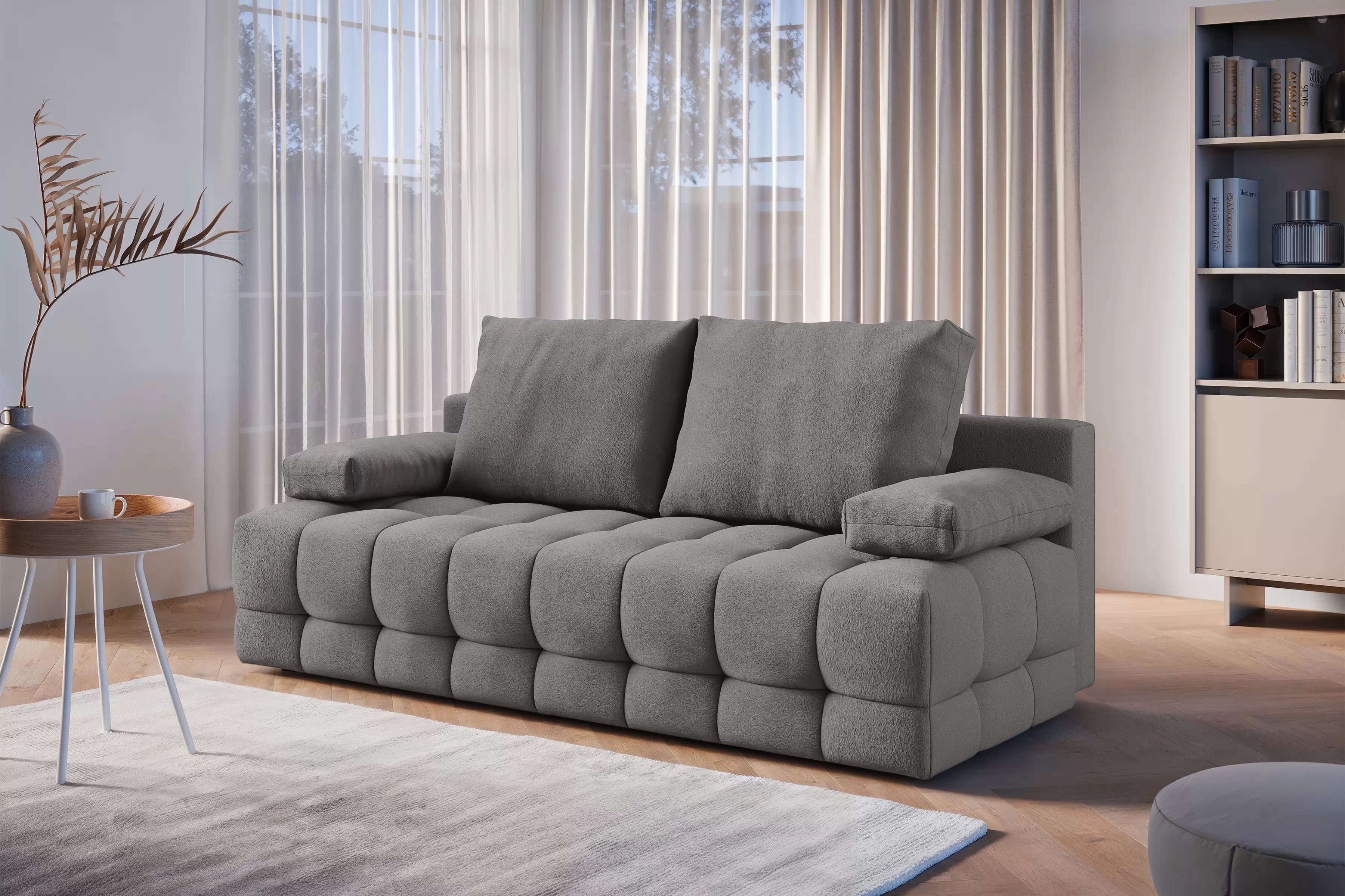 Rozkládací pohovka Tuko s úložným prostorem - šedá látka Freya 210-21 Pohovka Tuko rozkladana s úložným prostorem- šedá boucle Freya 210.21