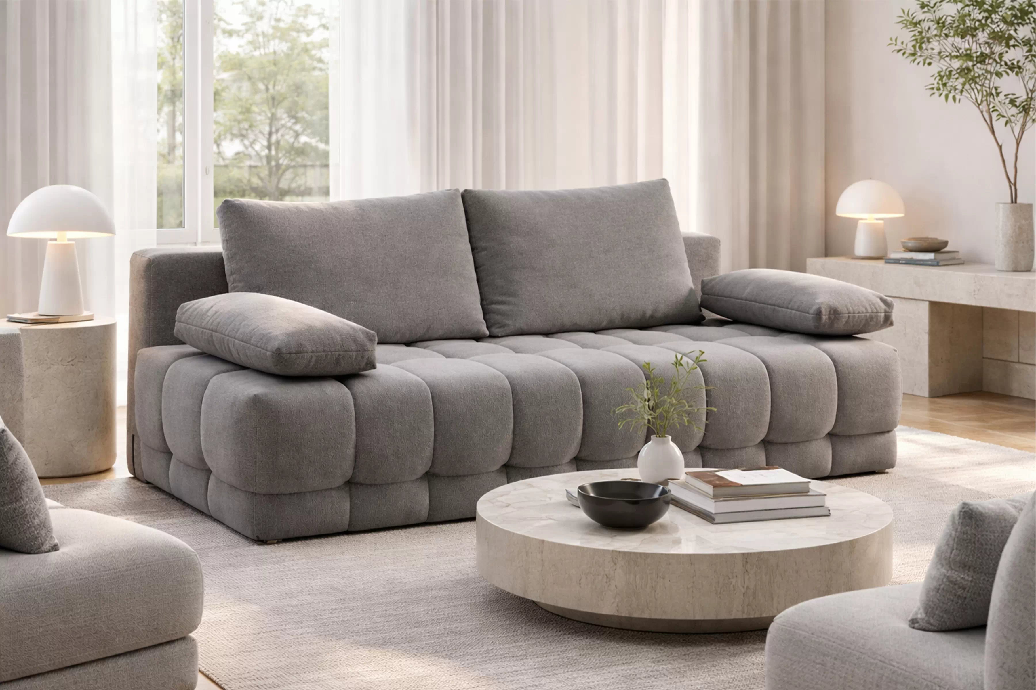 Rozkladacia pohovka Tuko s úložným priestorom – sivá pletenina Freya 210.21 Pohovka Tuko rozkladana S vnútorným úložným priestorom- šedá dzianina Freya 210.21