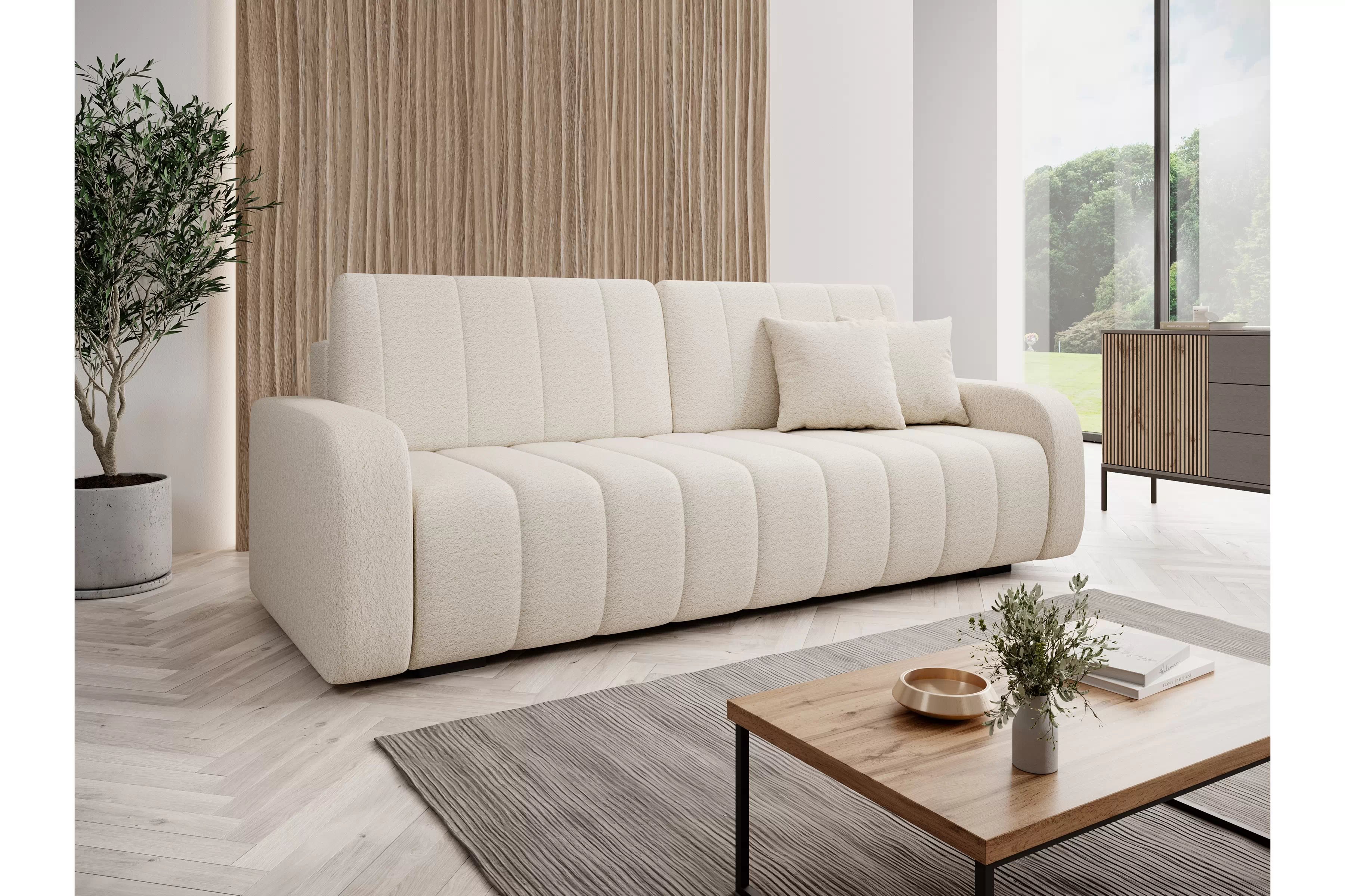 Rozkladacia trojpohovka Lapios - krémové buklé Lambi 8  Pohovka s funkciou spánku Lapios - kremowa boucle Lambi 8 