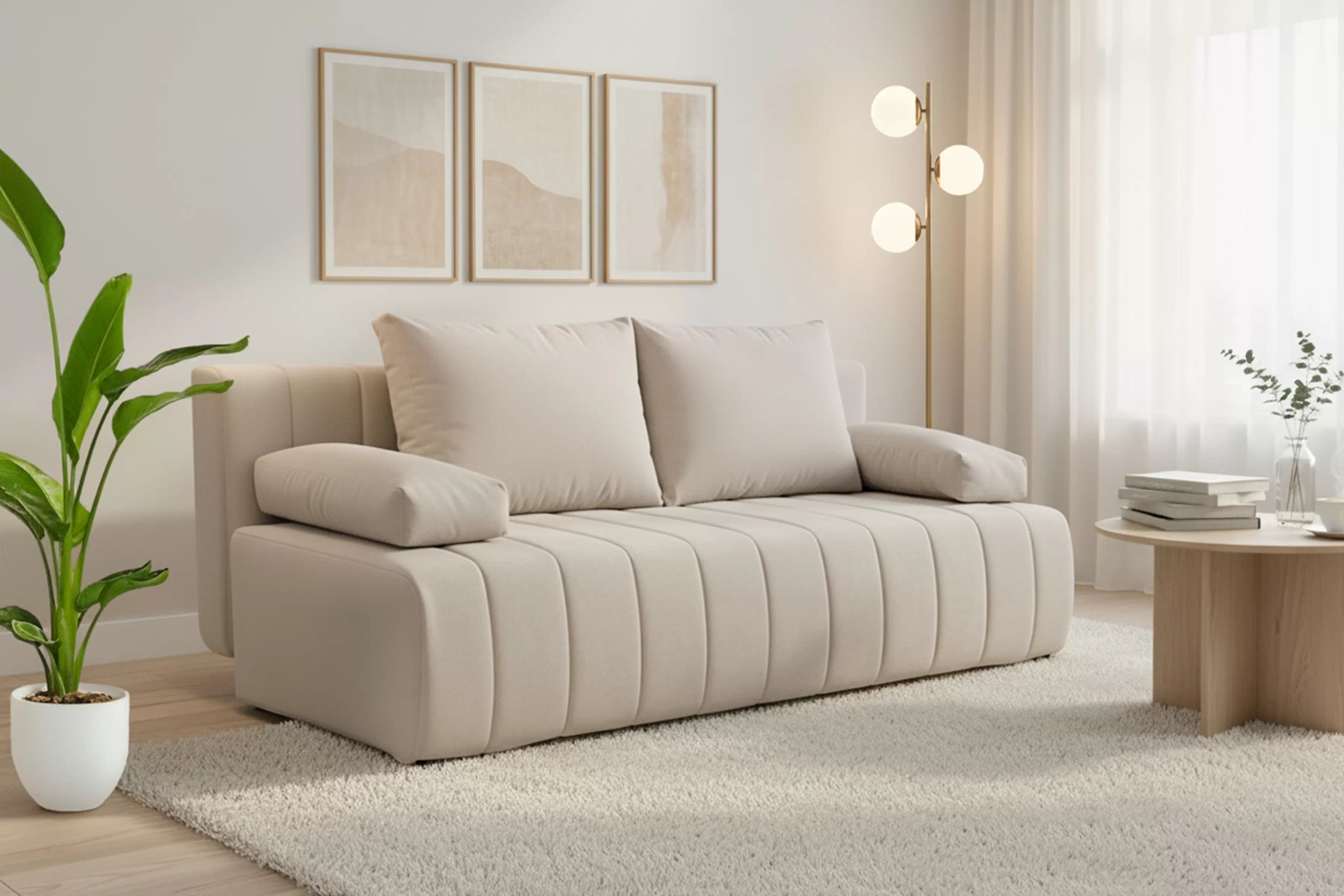 Rozkládací pohovka s úložným prostorem Neli s funkcí spaní - béžový plyš Pretty 03 Pohovka rozkládací Neli rozkladana s úložným prostorem- béžová plusz Pretty 03