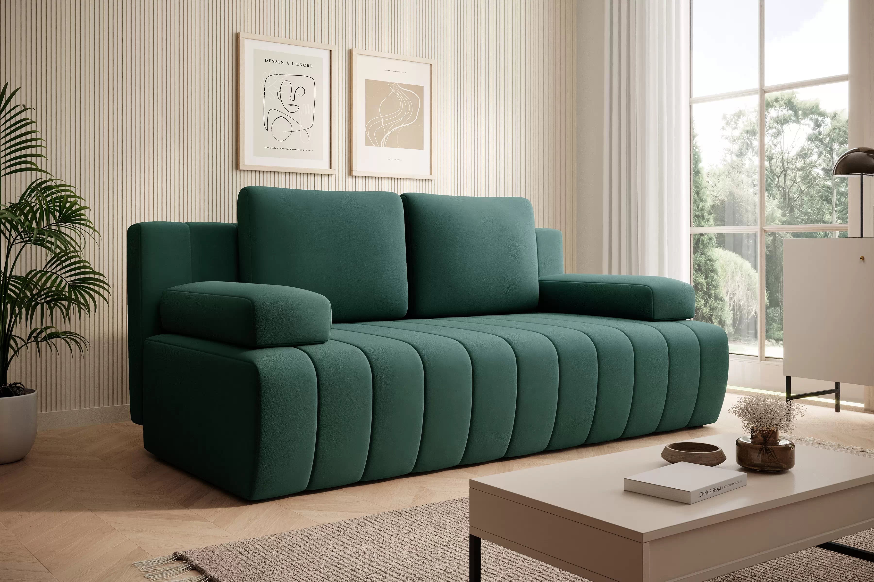 Rozkládací pohovka Neli s úložným prostorem - tmavě zelená Kronos 19 Pohovka rozkládací Neli rozkladana s úložným prostorem- tmavá zelená samet Kronos 19