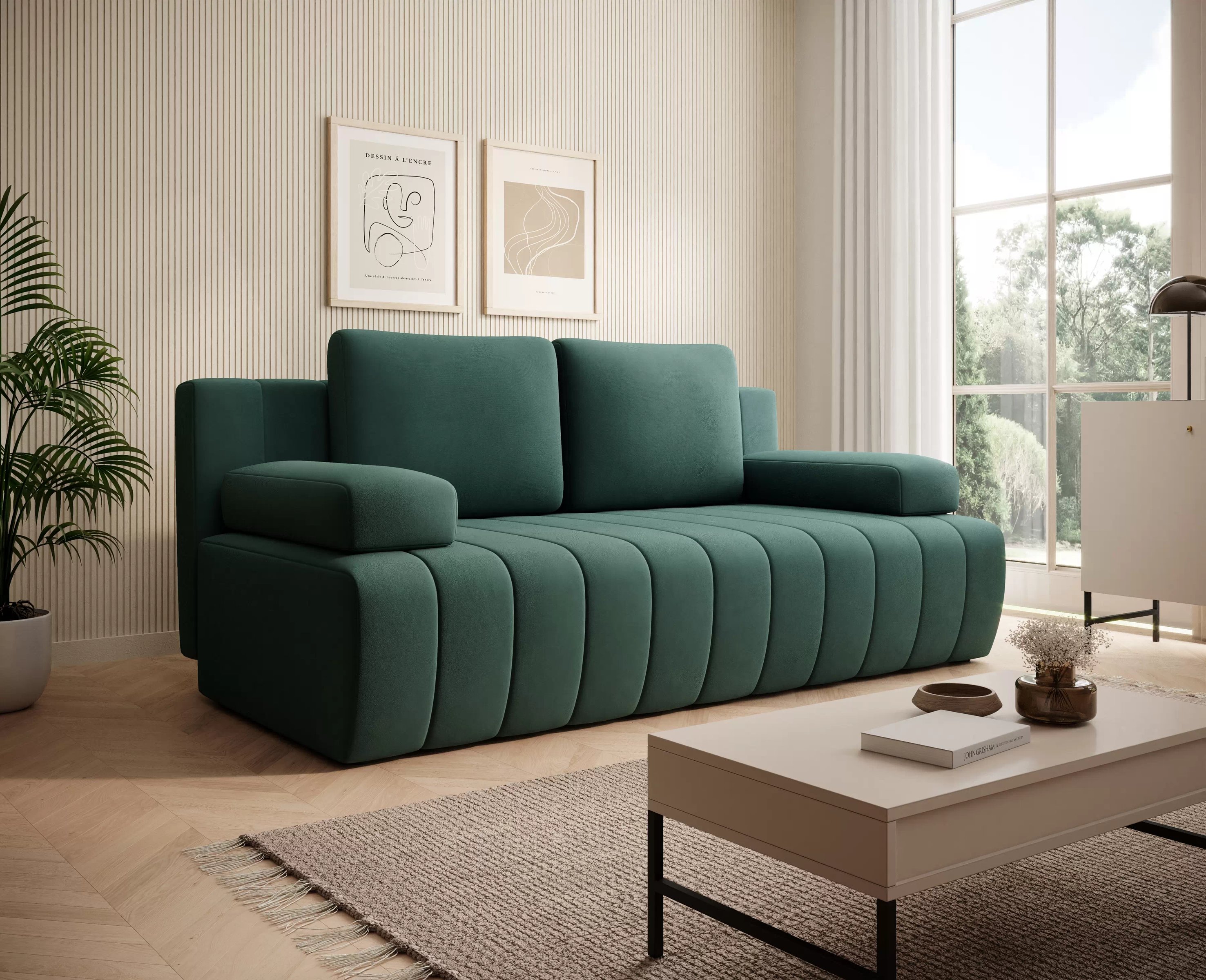 Rozkládací pohovka Neli s úložným prostorem - tmavě zelená Kronos 19 Pohovka rozkládací Neli rozkladana s úložným prostorem- tmavá zelená samet Kronos 19