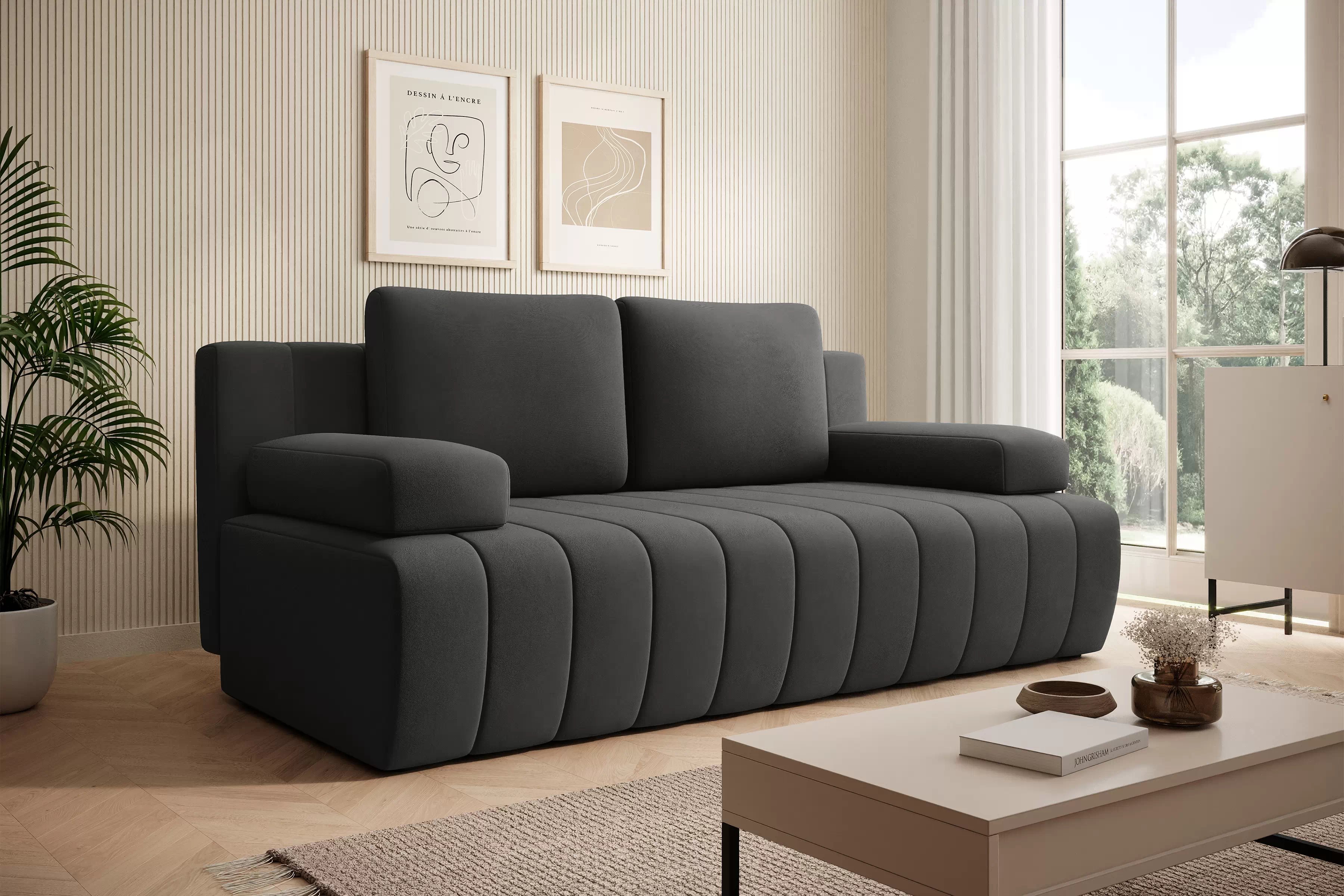 Rozkládací pohovka Neli s úložným prostorem - tmavě šedá Kronos 34 Pohovka rozkládací Neli rozkladana s úložným prostorem- tmavě šedá samet Kronos 34