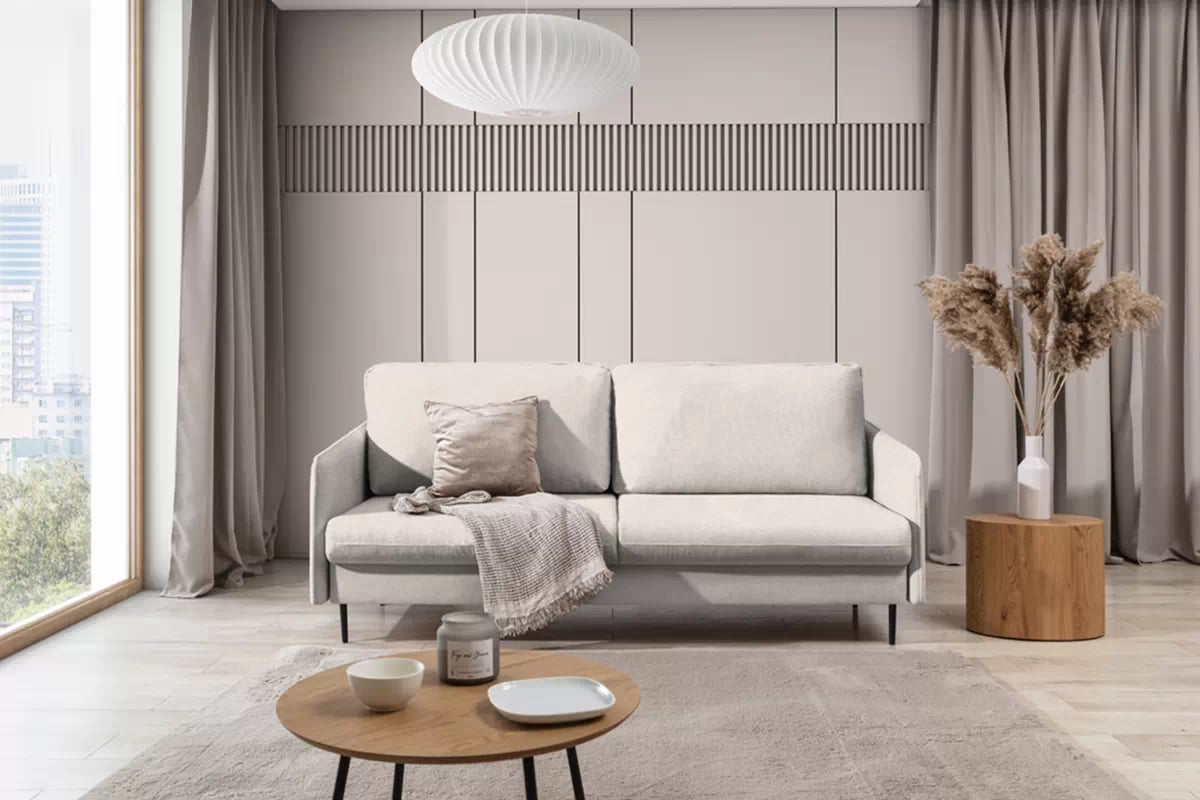 Rozkladacia pohovka Taila s funkciou spania - béžová tkanina Loft 01 / čierne nohy Pohovka s funkciou spania Taila - Béžová plecionka Loft 01, čierny nožičky