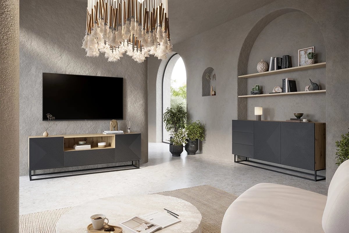 Komoda Asha 167 cm na čiernom podstavci - artisan / rivier stone mat Komoda .