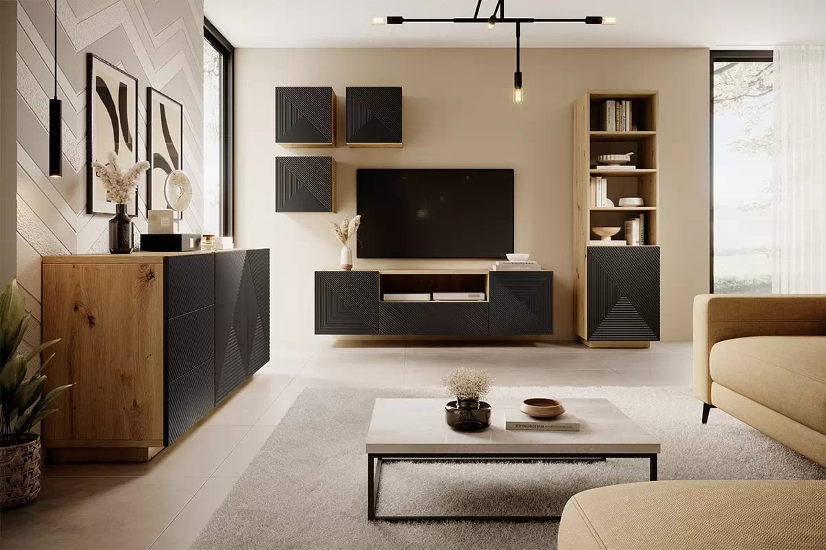 Komoda Asha 167 cm na sokli - artisan / čierny mat Komoda 167 cm Asha so zásuvkami - artisan /čierny mat - vizualizácia