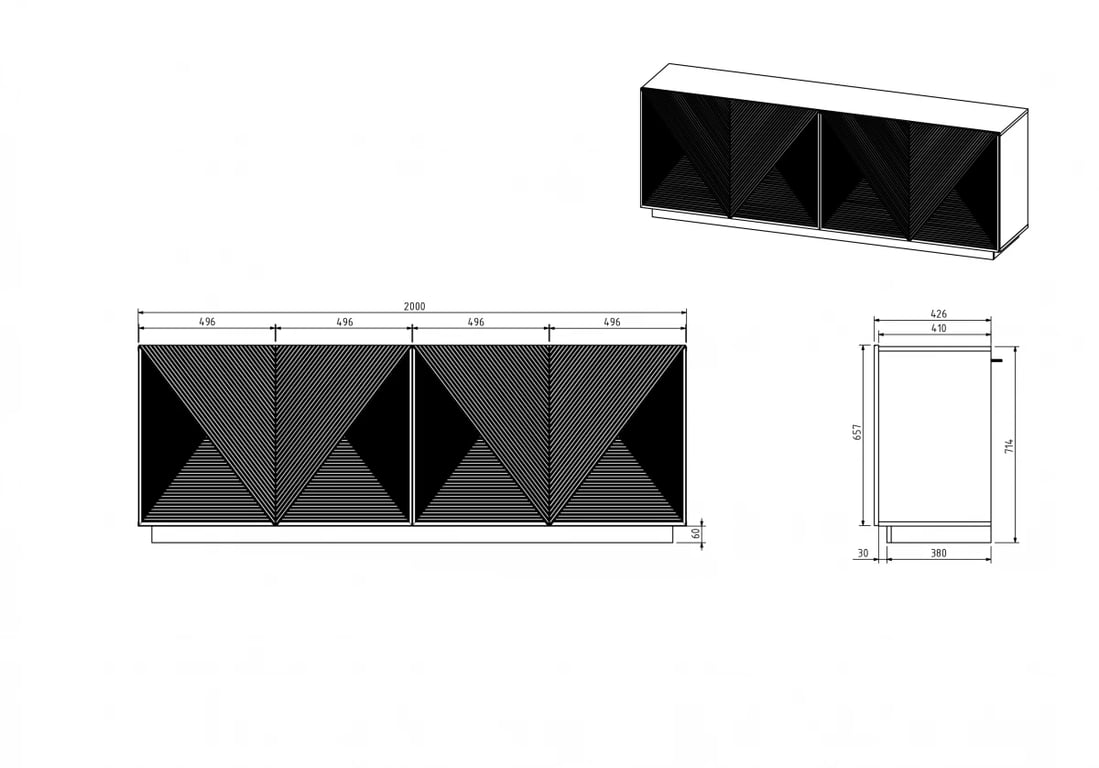 Komoda Asha 200 cm s drážkovaným čelem - černý mat Komoda Černá frezowana