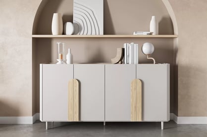 Komoda Amilio 200 cm štvordverová na nožičkách - kašmír / olejovaný dub / úchyty svetlý dub Komoda Amilio 200 cm štvordverová na nôžkach - kašmír / Dub olejowany / úchyty Svetlý dub