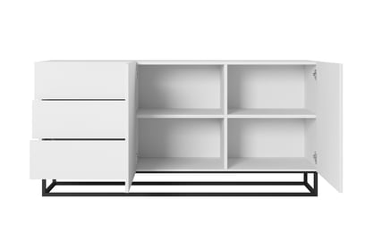Komoda Asha 167 cm - bílý mat / černý kovový podstavec Komoda Asha 167 cm se zásuvkami i metalowymi nogami - bílý mat
