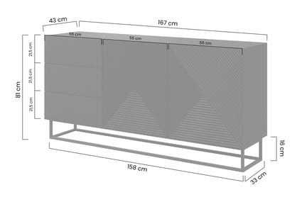 Komoda Asha 167 cm - bílý mat / černý kovový podstavec Komoda Asha 167 cm se zásuvkami i metalowymi nogami - bílý mat