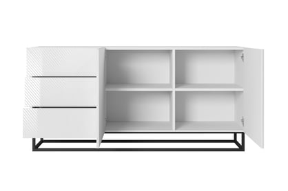 Komoda Asha 167 cm - bílý lesk / černý kovový podstavec Komoda Asha 167 cm se zásuvkami i metalowymi nogami - bílý lesk
