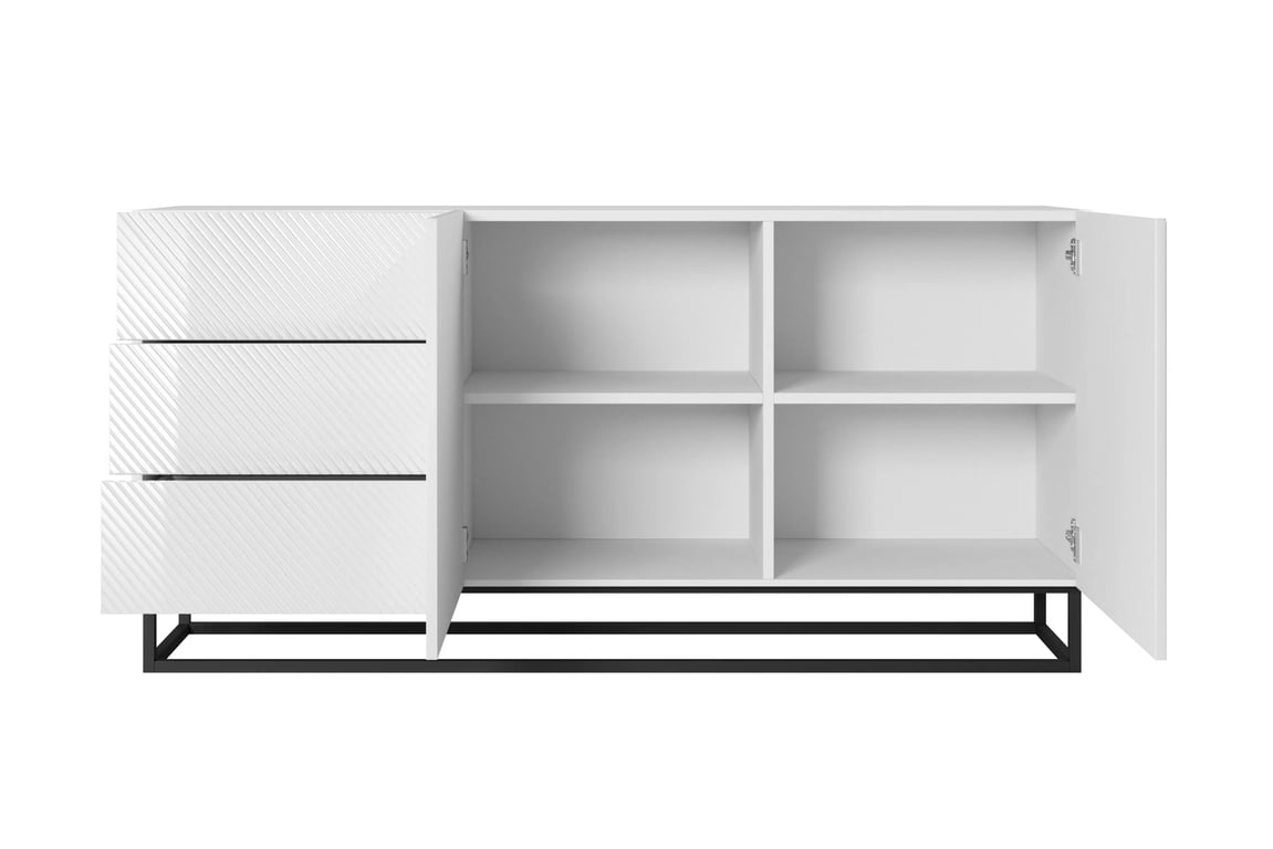 Komoda Asha 167 cm na čiernom podstavci - biely lesk Komoda Asha 167 cm so zásuvkami i metalowymi nogami - biely lesk