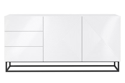 Komoda Asha 167 cm na čiernom podstavci - biely lesk Komoda Asha 167 cm so zásuvkami i metalowymi nogami - biely lesk