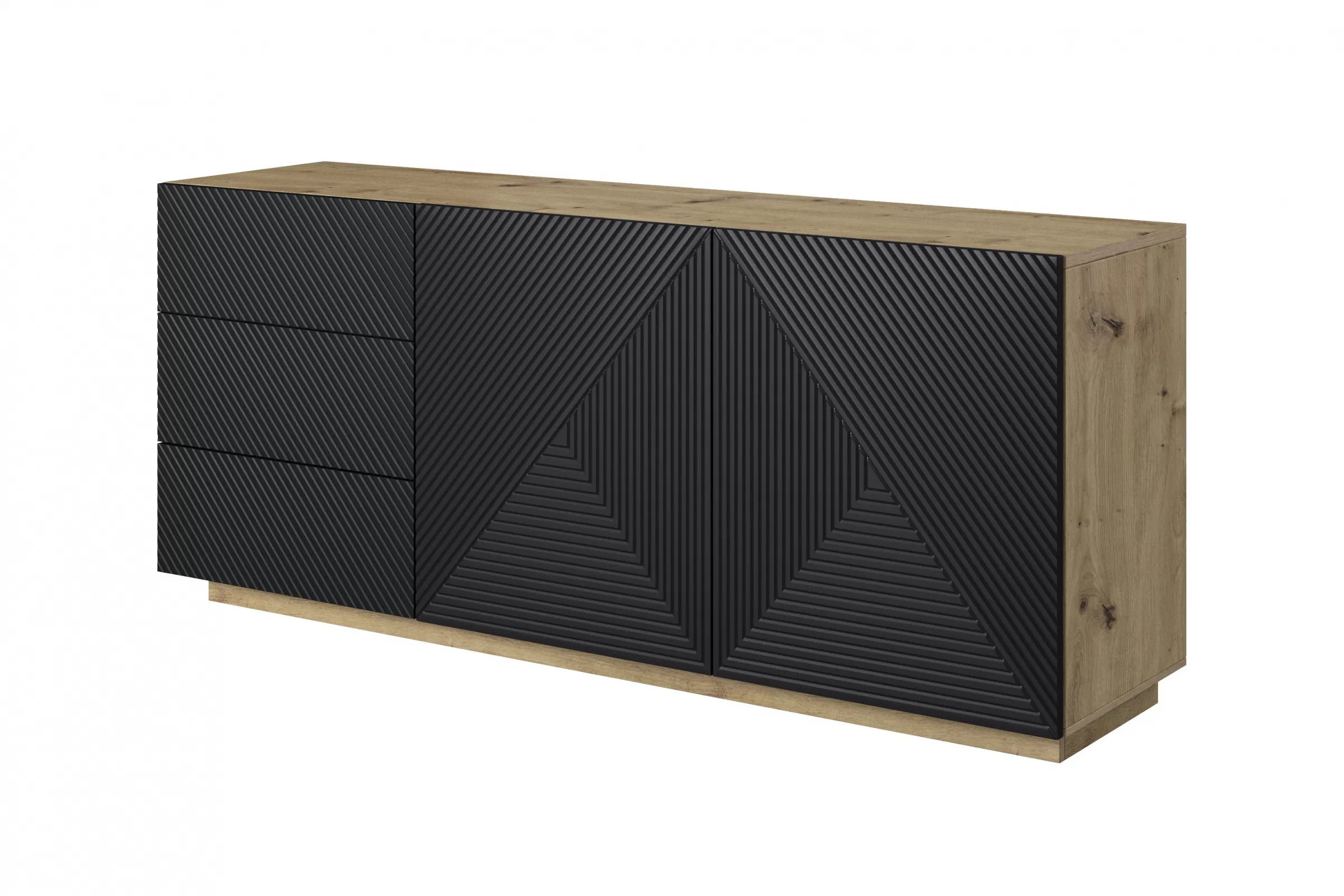 Komoda Asha 167 cm na sokli - artisan / čierny mat Komoda Asha 167 cm so zásuvkami i ryflowanym frontem - artisan / Čierny mat