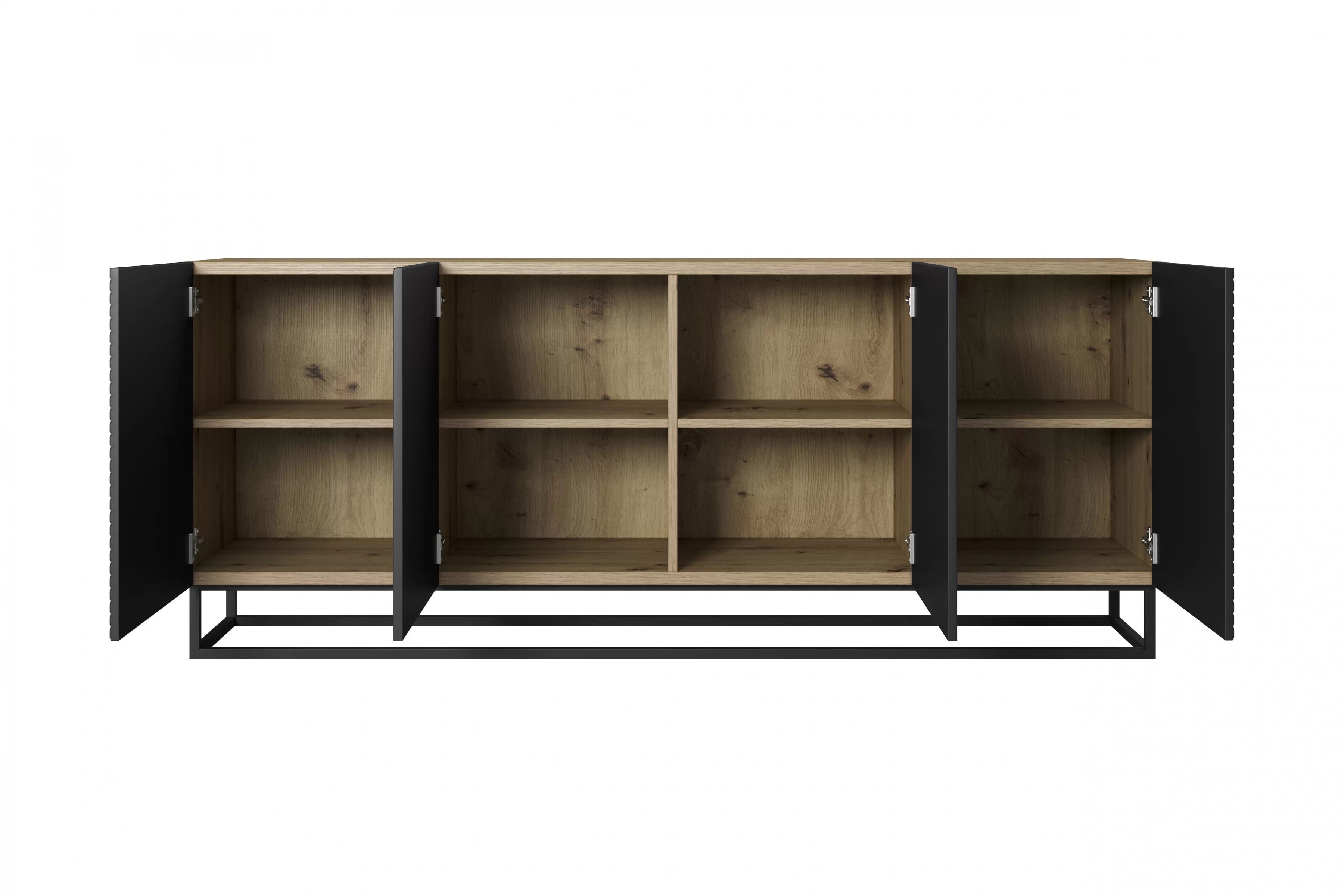 Komoda Asha 200 cm čtyřdveřová na podstavci - artisan / rivier stone mat / černý mat Komoda Asha 200 cm - artisan / černá mat