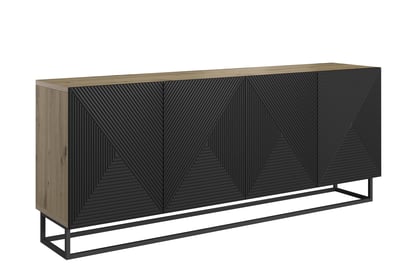 Moderná komoda Asha 200 cm so štyrmi dverami - dub artisan / čierny mat / čierny rám