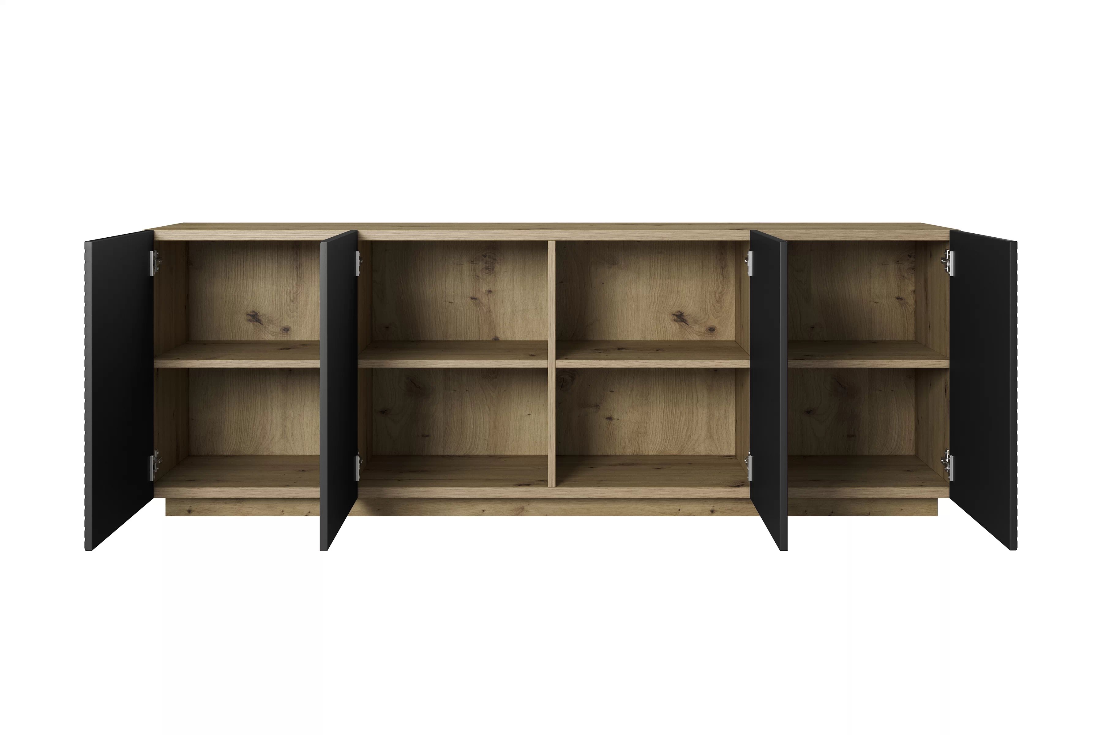 Komoda Asha 200 cm - dub artisan / černý mat Komoda Asha 200 cm s frézovanou přední částí - artisan / černá mat
