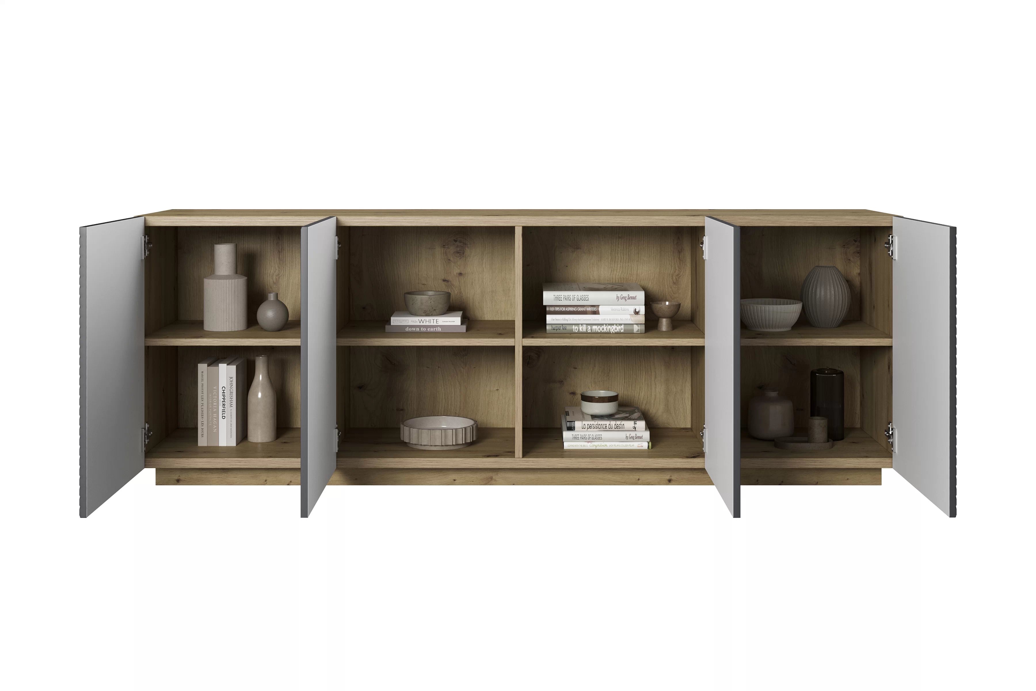 Štvordverová komoda Asha 200 cm - artisan / matný rivier stone Komoda Asha 200 cm s frézovaným frontom - artisan / rivier stone mat