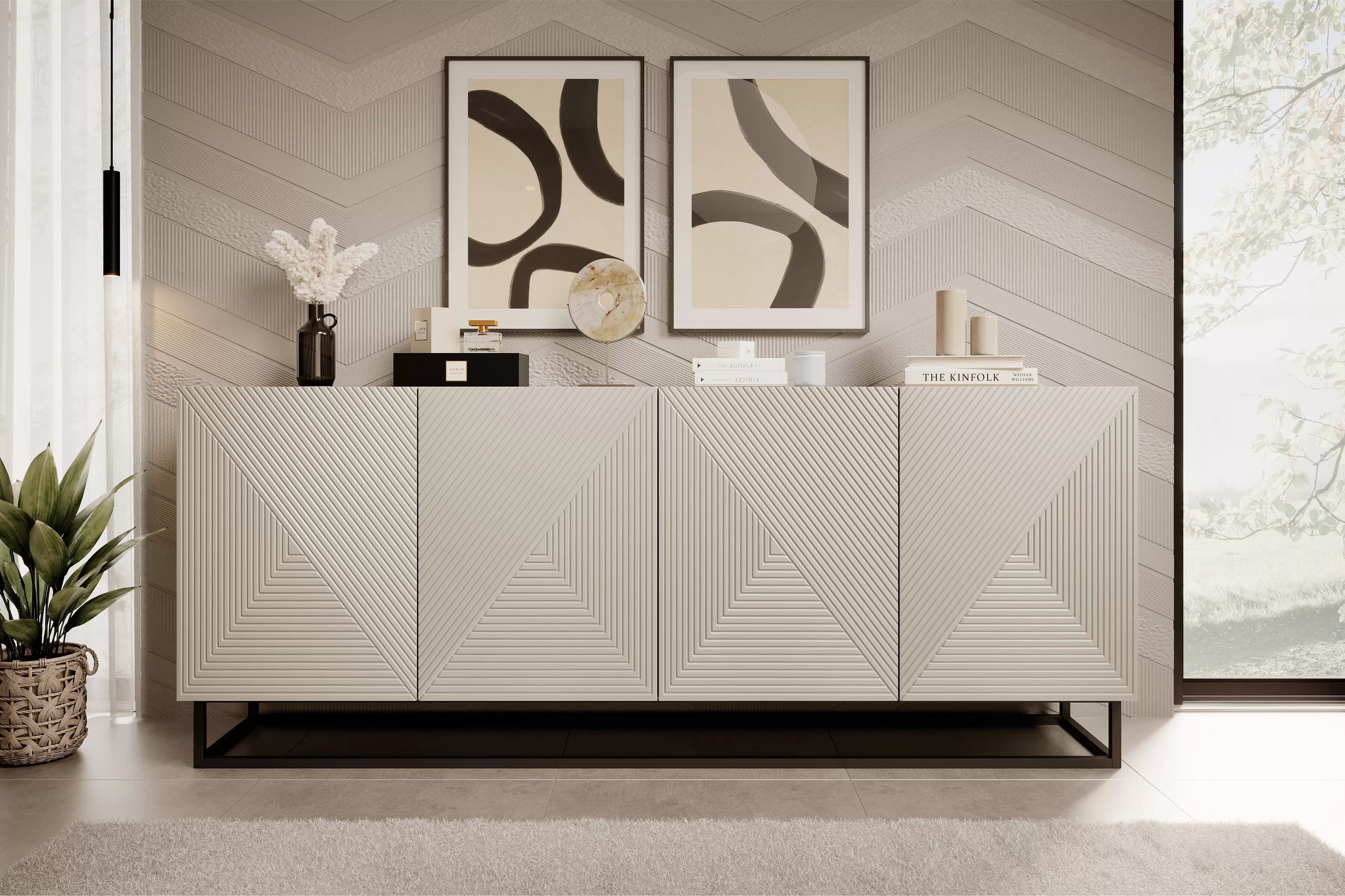 Komoda Asha 200 cm čtyřdveřová na podstavci - artisan / rivier stone mat - kašmír Komoda Asha 200 cm s frézovanou přední částí i metalowym, czarnym stelazem - kašmír