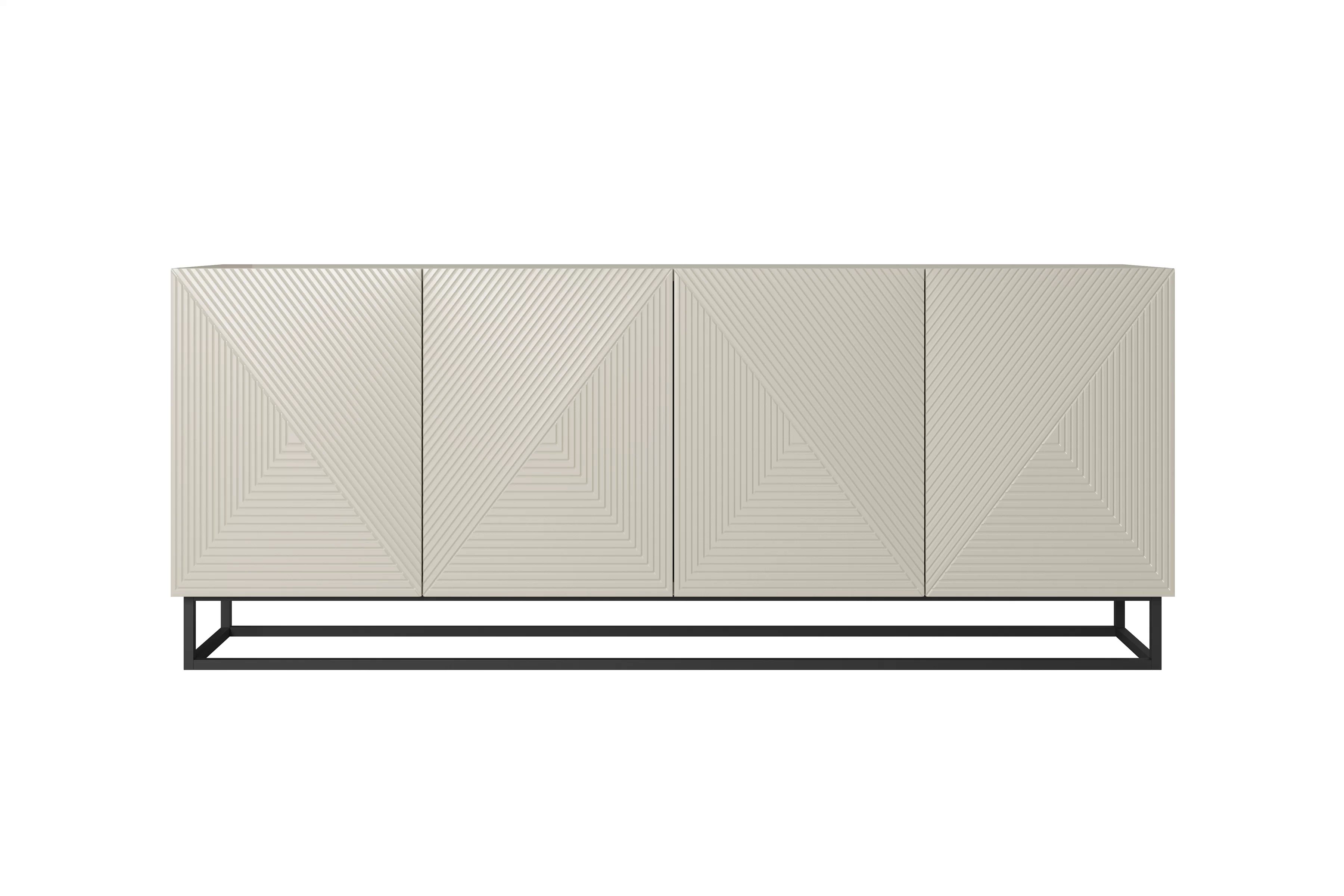 Komoda Asha 200 cm čtyřdveřová na podstavci - artisan / rivier stone mat - kašmír Komoda Asha 200 cm s frézovanou přední částí i metalowym, czarnym stelazem - kašmír