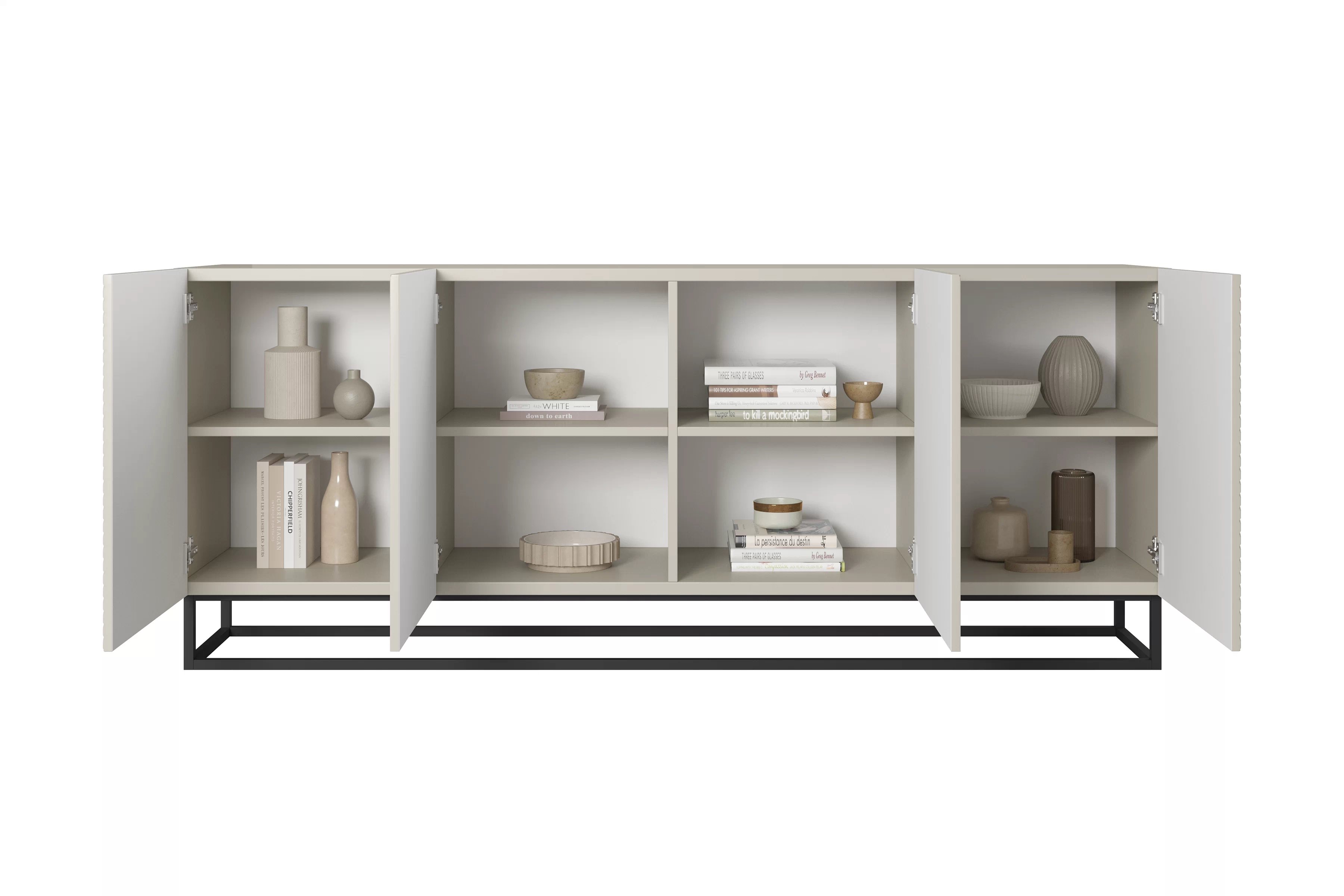 Komoda Asha 200 cm čtyřdveřová na podstavci - artisan / rivier stone mat - kašmír Komoda Asha 200 cm s frézovanou přední částí i metalowym, czarnym stelazem - kašmír