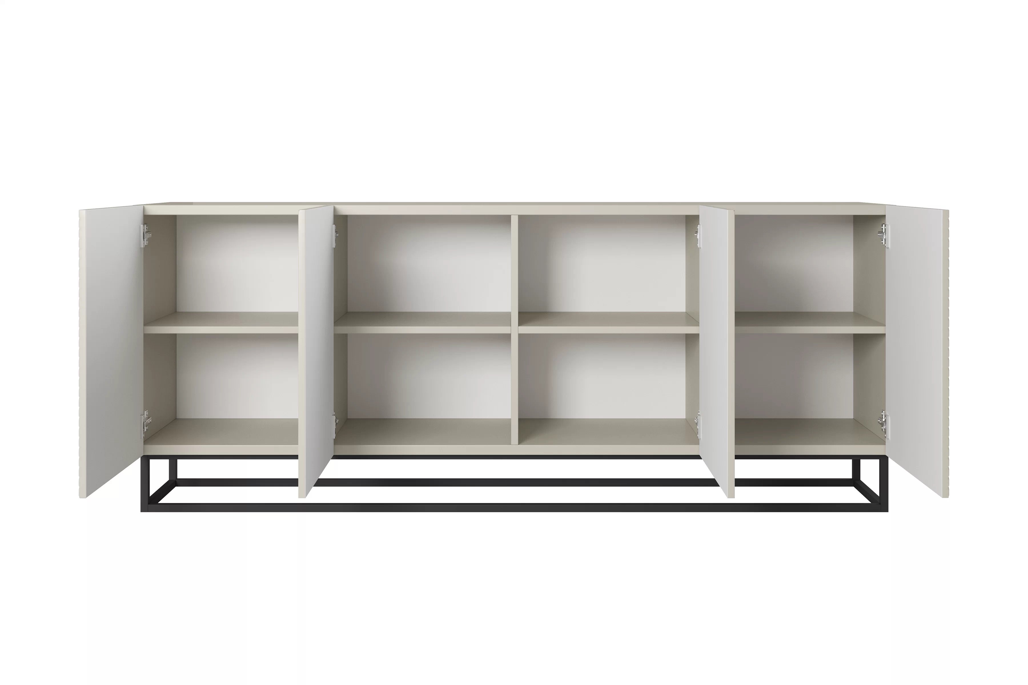 Komoda Asha 200 cm čtyřdveřová na podstavci - artisan / rivier stone mat - kašmír Komoda Asha 200 cm s frézovanou přední částí i metalowym, czarnym stelazem - kašmír