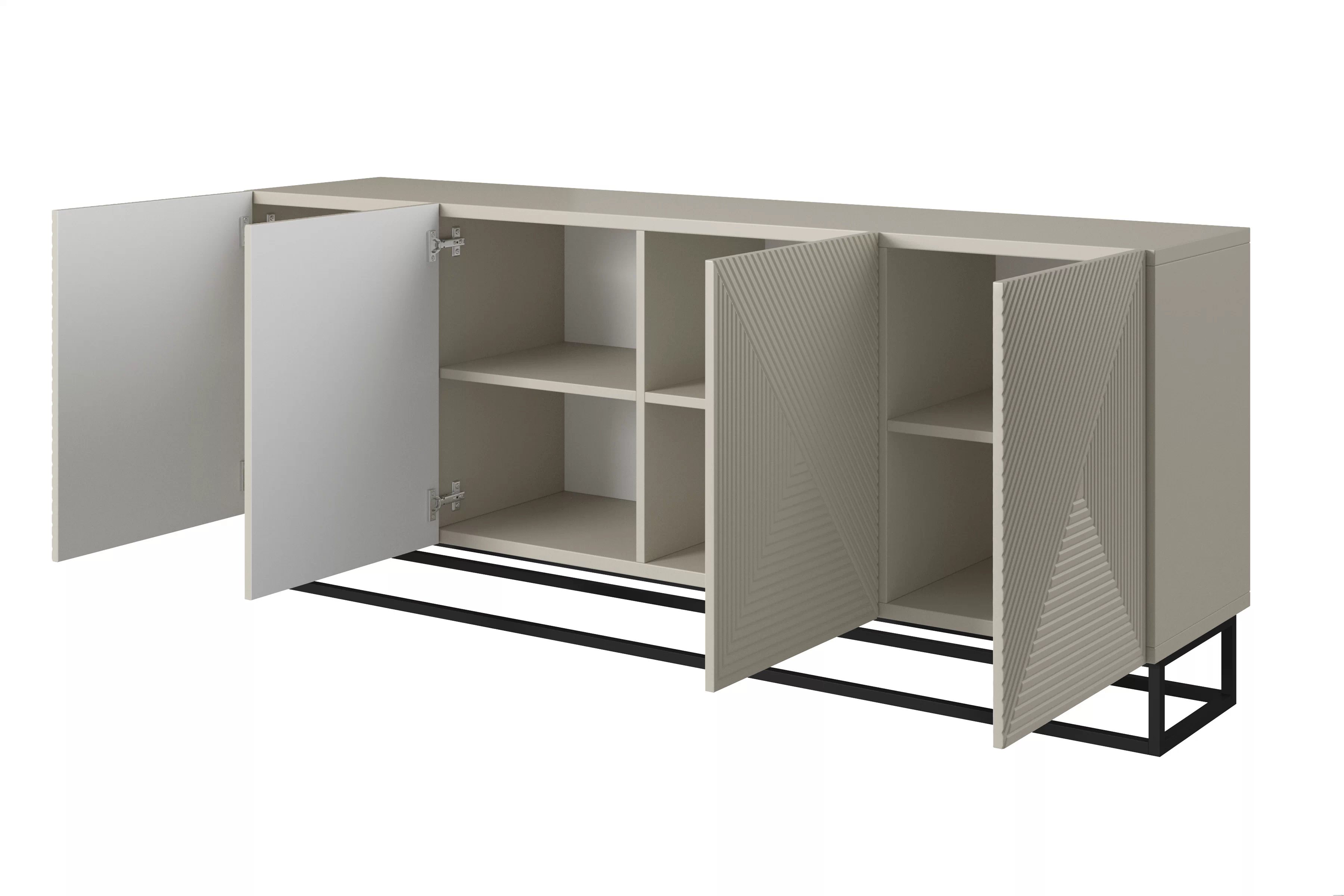 Komoda Asha 200 cm čtyřdveřová na podstavci - artisan / rivier stone mat - kašmír Komoda Asha 200 cm s frézovanou přední částí i metalowym, czarnym stelazem - kašmír