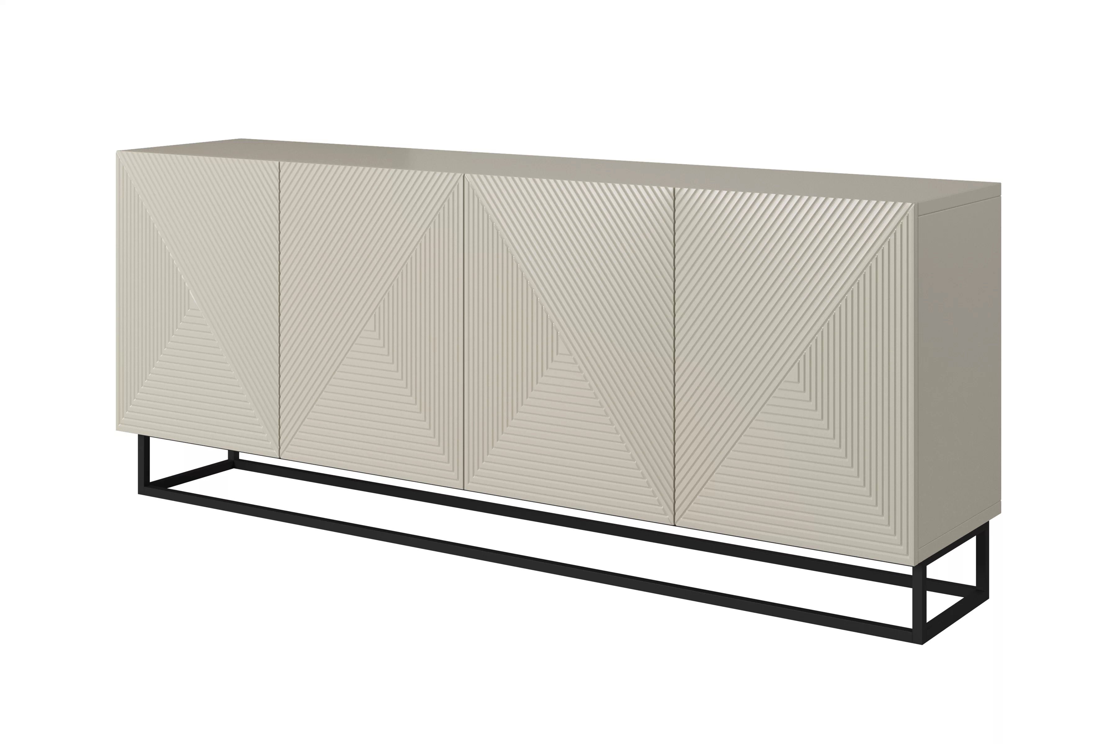Komoda Asha 200 cm čtyřdveřová na podstavci - artisan / rivier stone mat - kašmír Komoda Asha 200 cm s frézovanou přední částí i metalowym, czarnym stelazem - kašmír