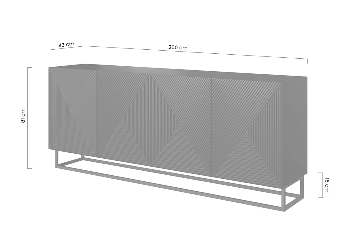 Komoda Asha 200 cm s rýhovaným čelem na kovovém rámu - kašmír Komoda Asha 200 cm s frézovanou přední částí i metalowym, czarnym stelazem - kašmír